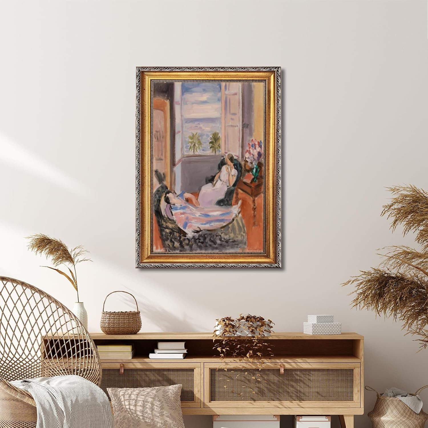 Large Framed Interior with Two Figures Open Window By Henri Matisse Canvas Wall Art Poster Oil Paintings Reproduction Classic Colorful European Artwork Prints for Bedromo Home Decor 24x36inch