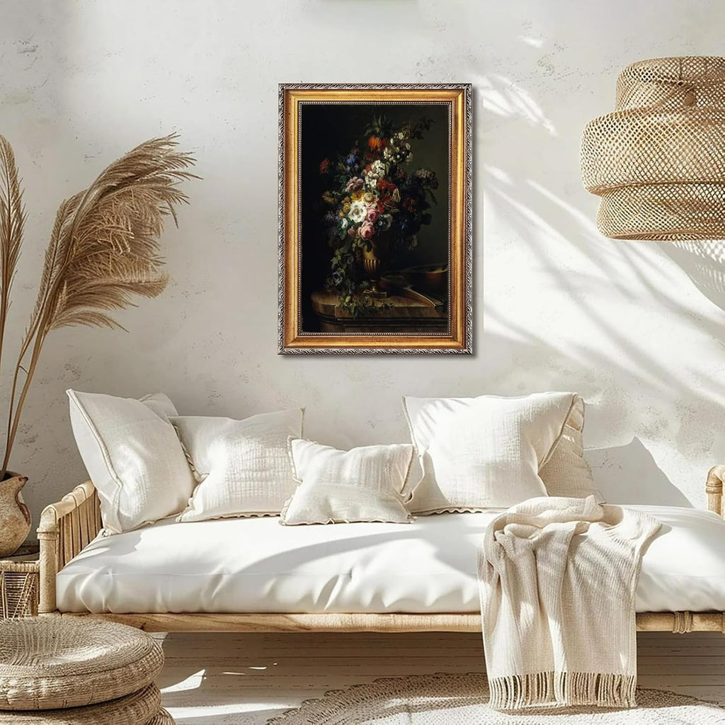 Large Gold Framed 19th Century Classical Floral Oil Painting Canvas Poster Vintage European Flowers Dark Wall Art Retro Bouquet of Peony Rose Iris Artwork Prints for Bedroom Home Deocr 24x36inch