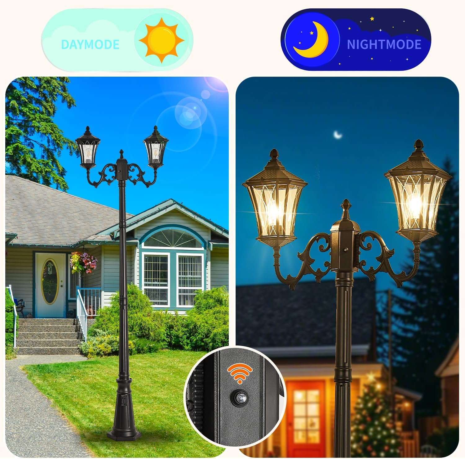 Dusk to Dawn Outdoor Lamp Post Lights with Outlet, Hardwired 2-Head Street Light Fixtures with Patterned Glass, Waterproof Outside Pole Lamps for Backyard, Garden, Driveway