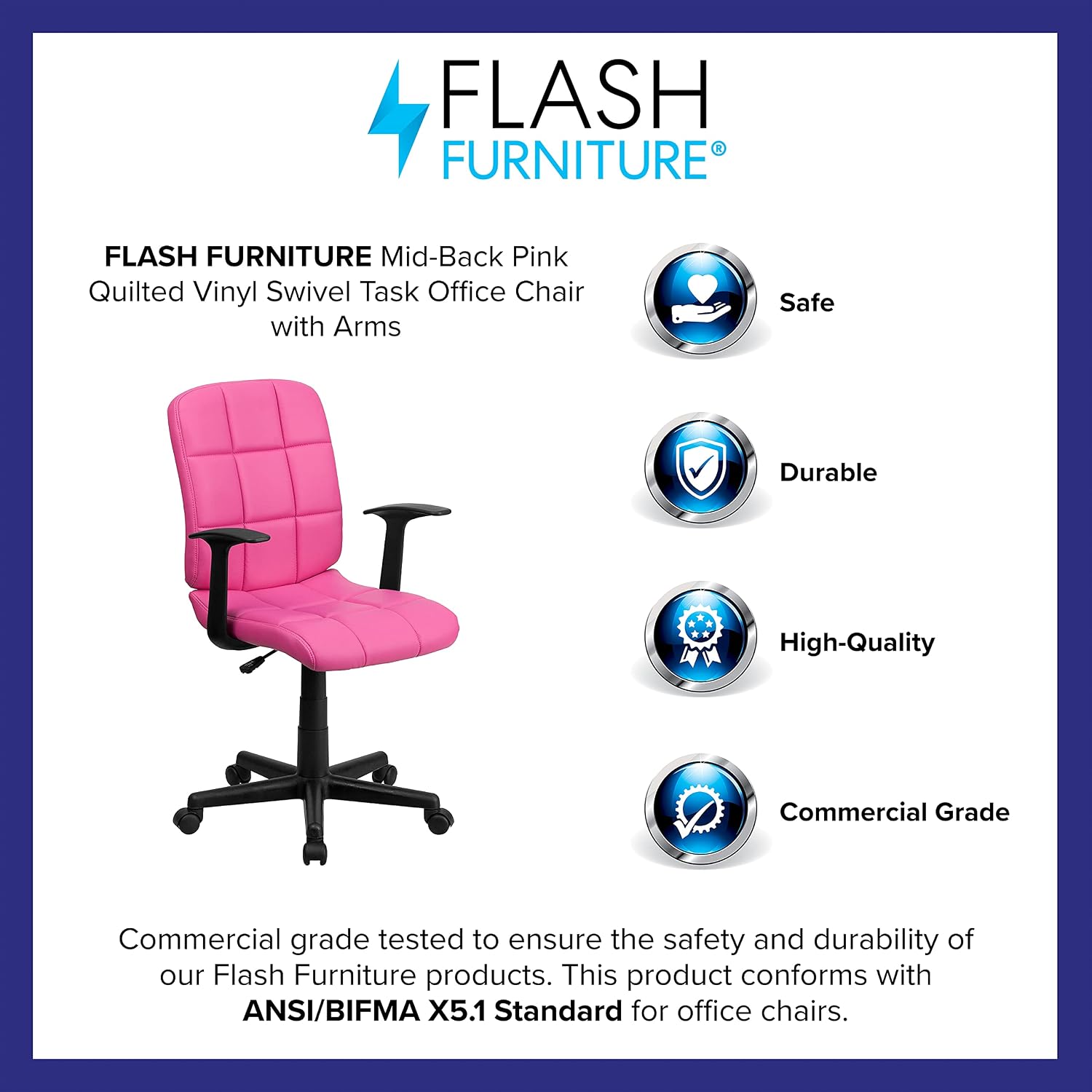 Flash Furniture Clayton Mid-Back Pink Quilted Vinyl Swivel Task Office Chair with Arms