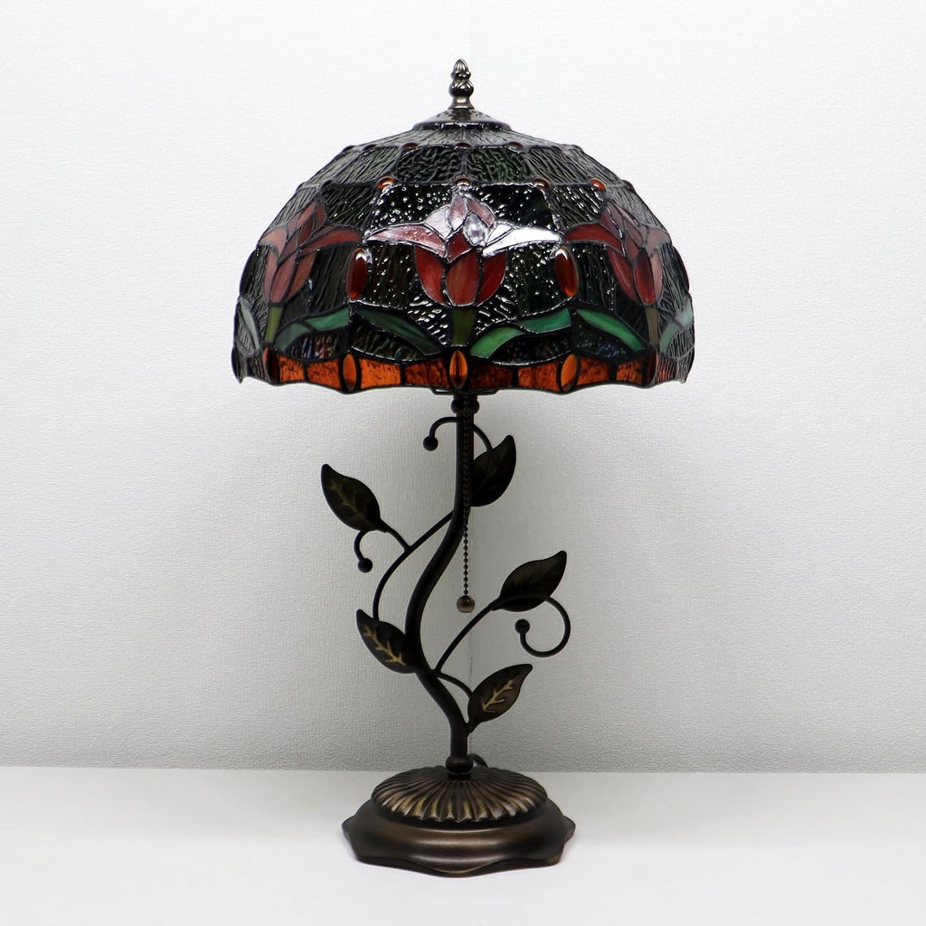 Tiffany Lamp Red Tulip Style Stained Glass Table Lamp Desk Bedside Reading Light 12X12X19 Inches with Metal Leaf Base