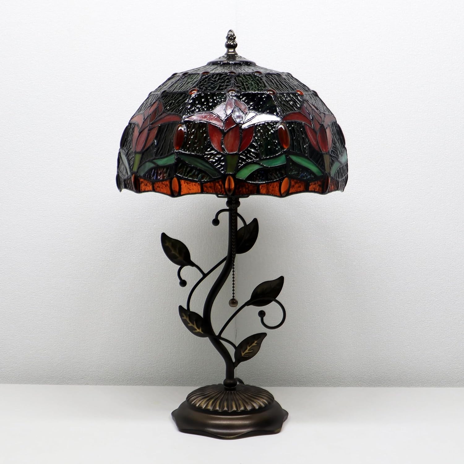 Tiffany Lamp Red Tulip Style Stained Glass Table Lamp Desk Bedside Reading Light 12X12X19 Inches with Metal Leaf Base
