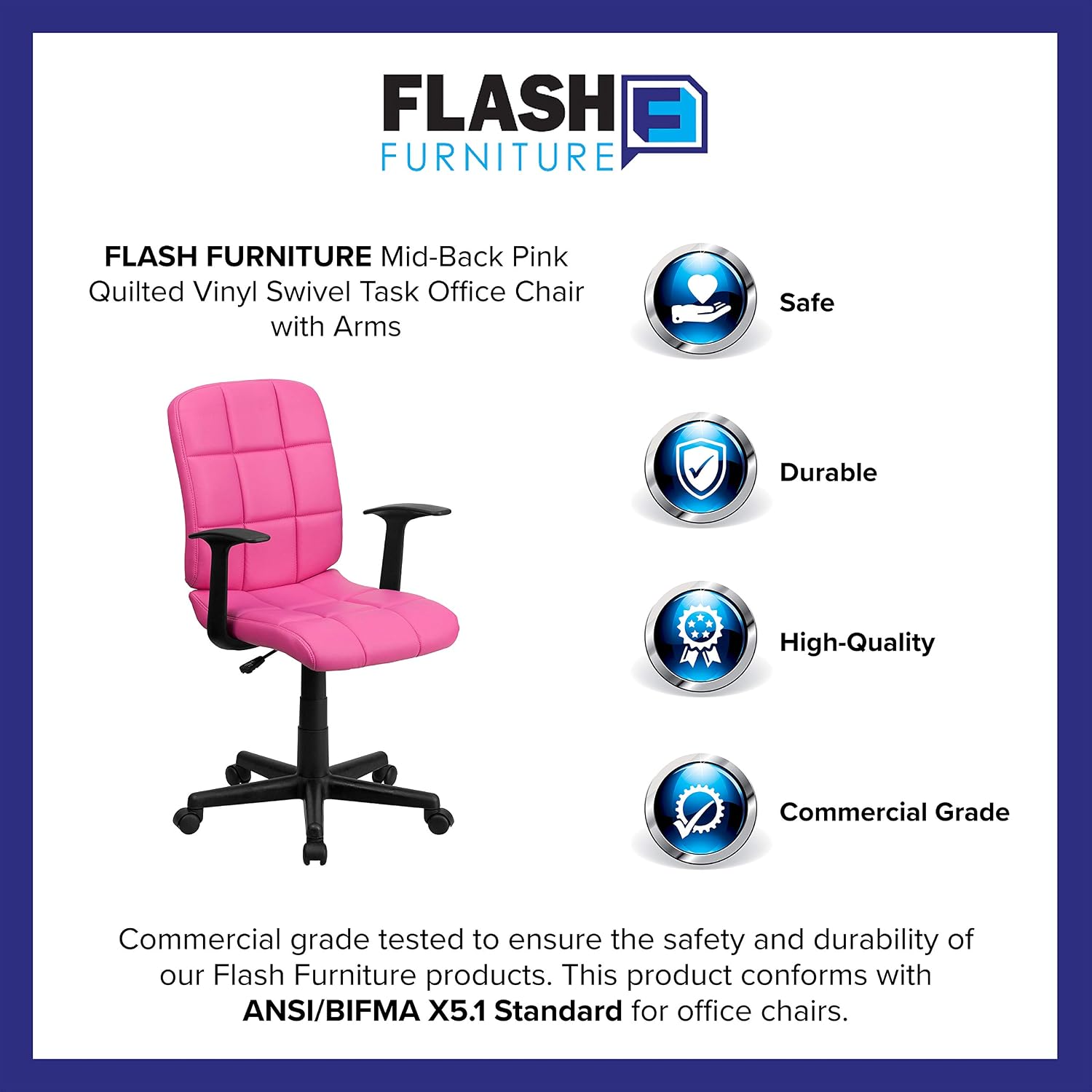 Flash Furniture Clayton Mid-Back Pink Quilted Vinyl Swivel Task Office Chair with Arms