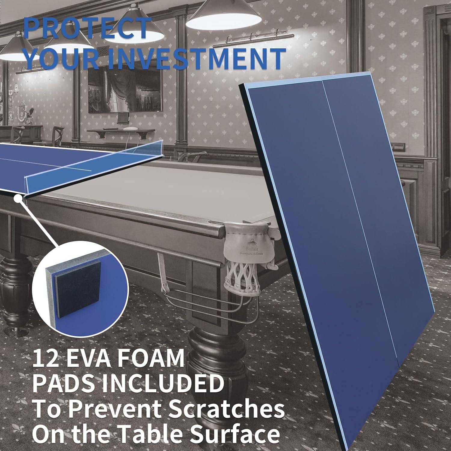 Foldable Ping Pong Table Top for Billiard Table, 9x5FT Table Tennis Table Topper for Pool Table, Indoor Outdoor Portable Table Tennis Conversion Top w/Net & Foam Padding