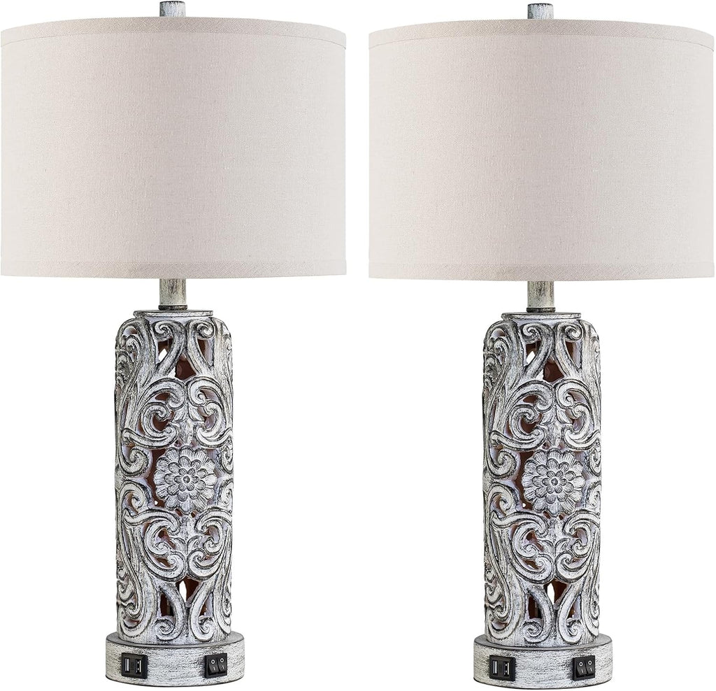 25'' Set of 2 Farmhouse Table Lamps with 2 USB Ports for Living Room Bedroom, Rustic Vintage Table Lamp with Nightlight, Earthy Yellow Hollow Out Resin Lamp for End Table, 2 Bulbs Included