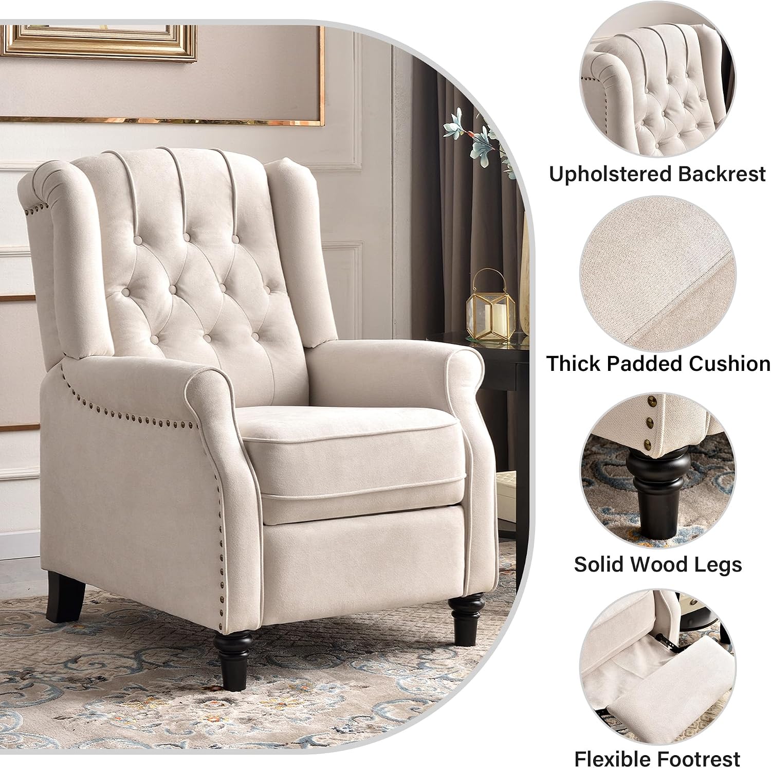 Bonzy Home Push Back Recliner Chair, Mid Century Modern Wingback Chair, Comfy Armchair Fabric Living Room Chairs with Rivet Decoration, Button-Tufted Back, Solid Wood Legs, Beige