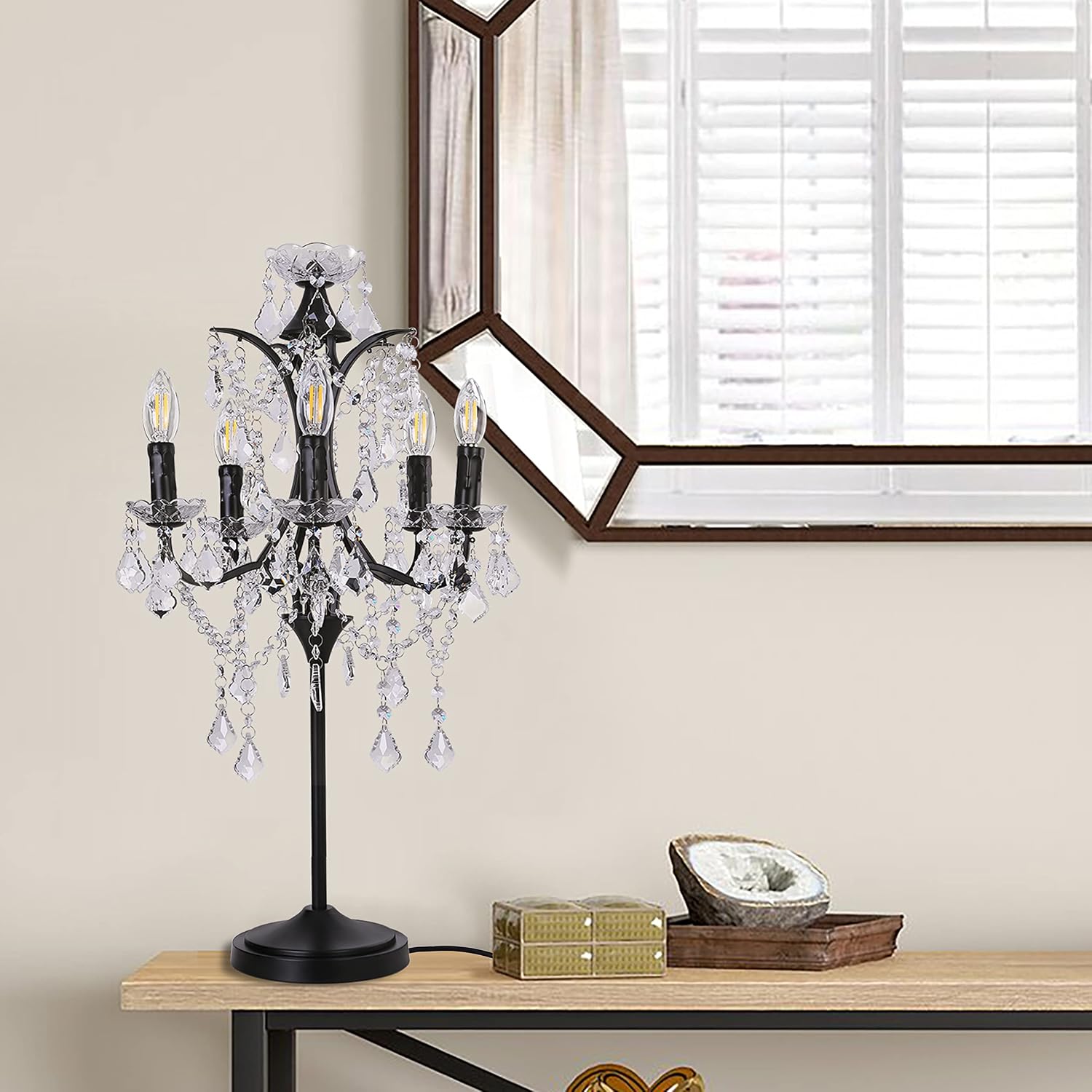 TOCHIC 5-Light Farmhouse Tranditional Crystal Table Lamp, Black Craft Candelabra Lighting Fixture 30'' Tall for Living Room, Reading Room, Bedroom, Office