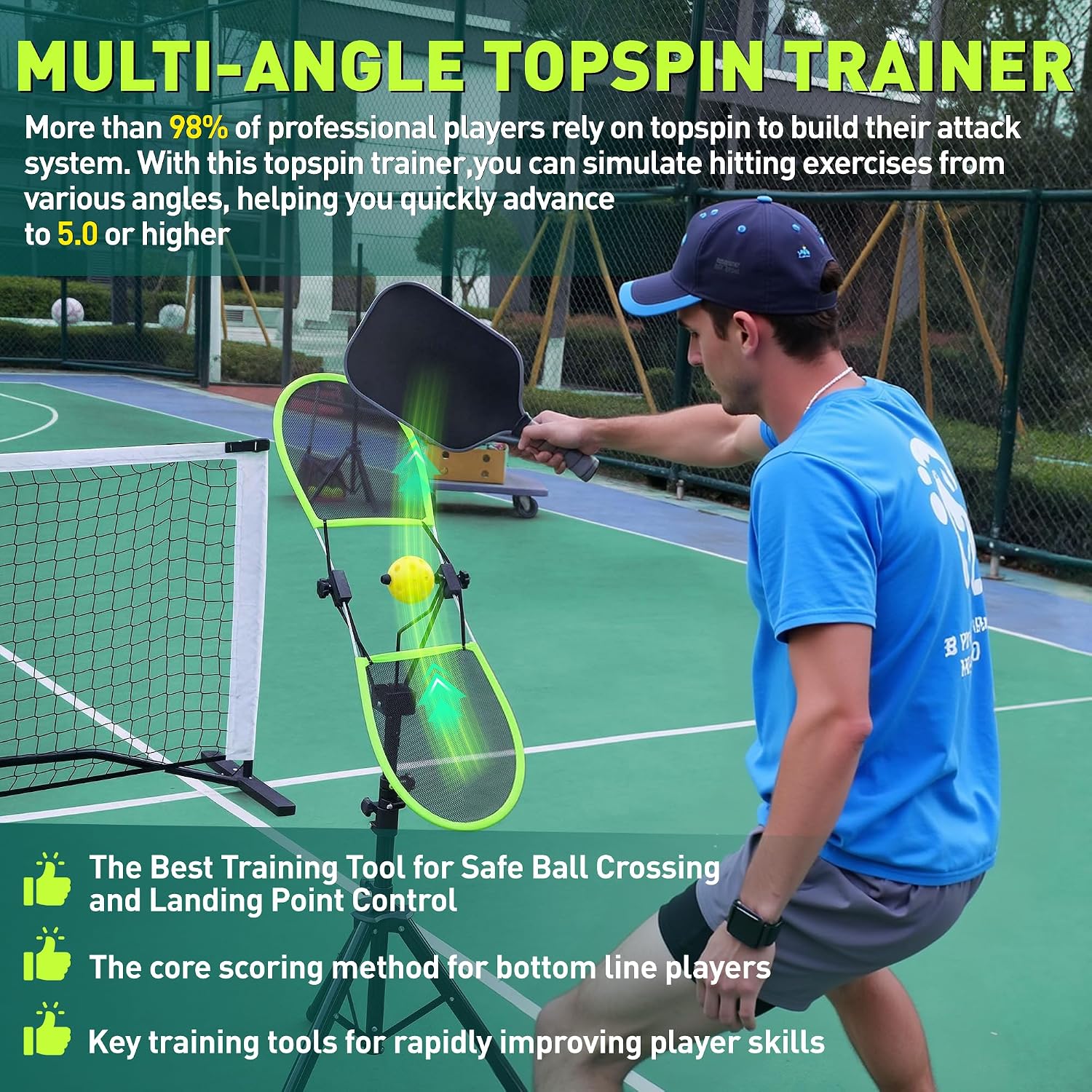 Pickleball Topspin Trainer,Solo Pickleball Practice Equipment,Portable Pickle Ball Training aids-Master Topspin&Backspin Techniques,Multi-Setting Trainer for Courts,Homes&Beyond