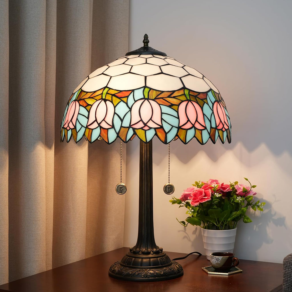 Tiffany Table Lamp 16 inch Pink Tulip Tiffany Style Stained Glass Lamp for Living Room Dining Room Antique Bedside Light Decor for Home Office