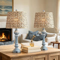 Maxax 26' Boho Rattan Table Lamps Set of 2 with USB A+C Ports, Coastal Bedside Lamps with Rattan Shade, Distressed Antique Blue Farmhouse Wicker Lamps, Rustic Resin Nightstand Lamps for Living Room
