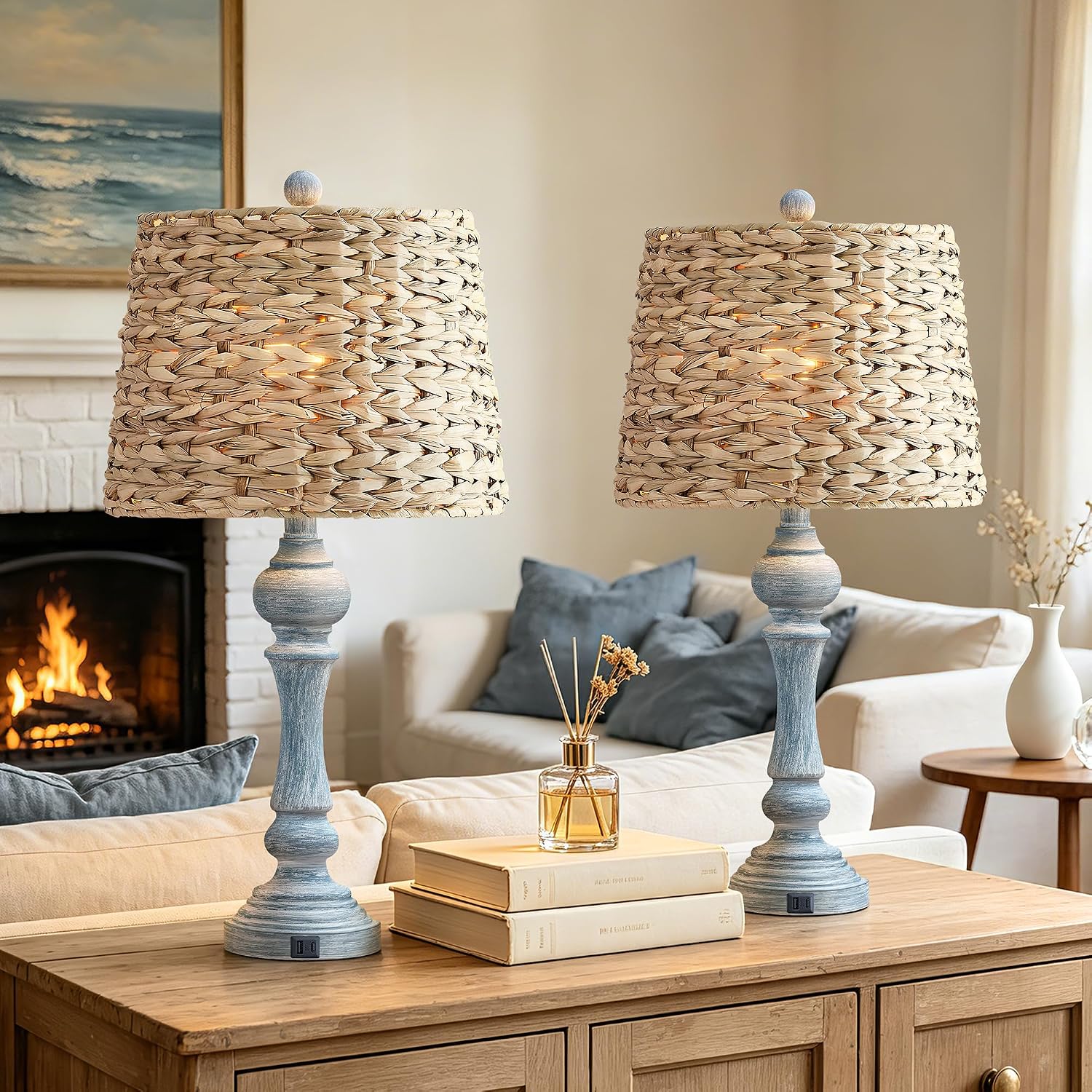 Maxax 26' Boho Rattan Table Lamps Set of 2 with USB A+C Ports, Coastal Bedside Lamps with Rattan Shade, Distressed Antique Blue Farmhouse Wicker Lamps, Rustic Resin Nightstand Lamps for Living Room