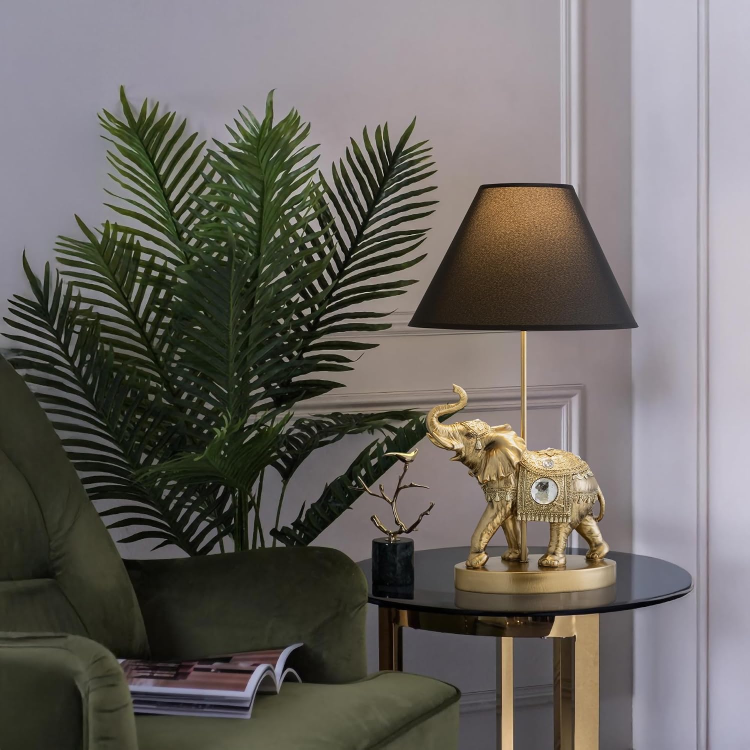 ICE ARMOR 18.5' Detailed Craftsmanship Golden Elephant Table Lamp - Bedside Light with Fabric Shade, Exotic Decor & Cultural Ambiance