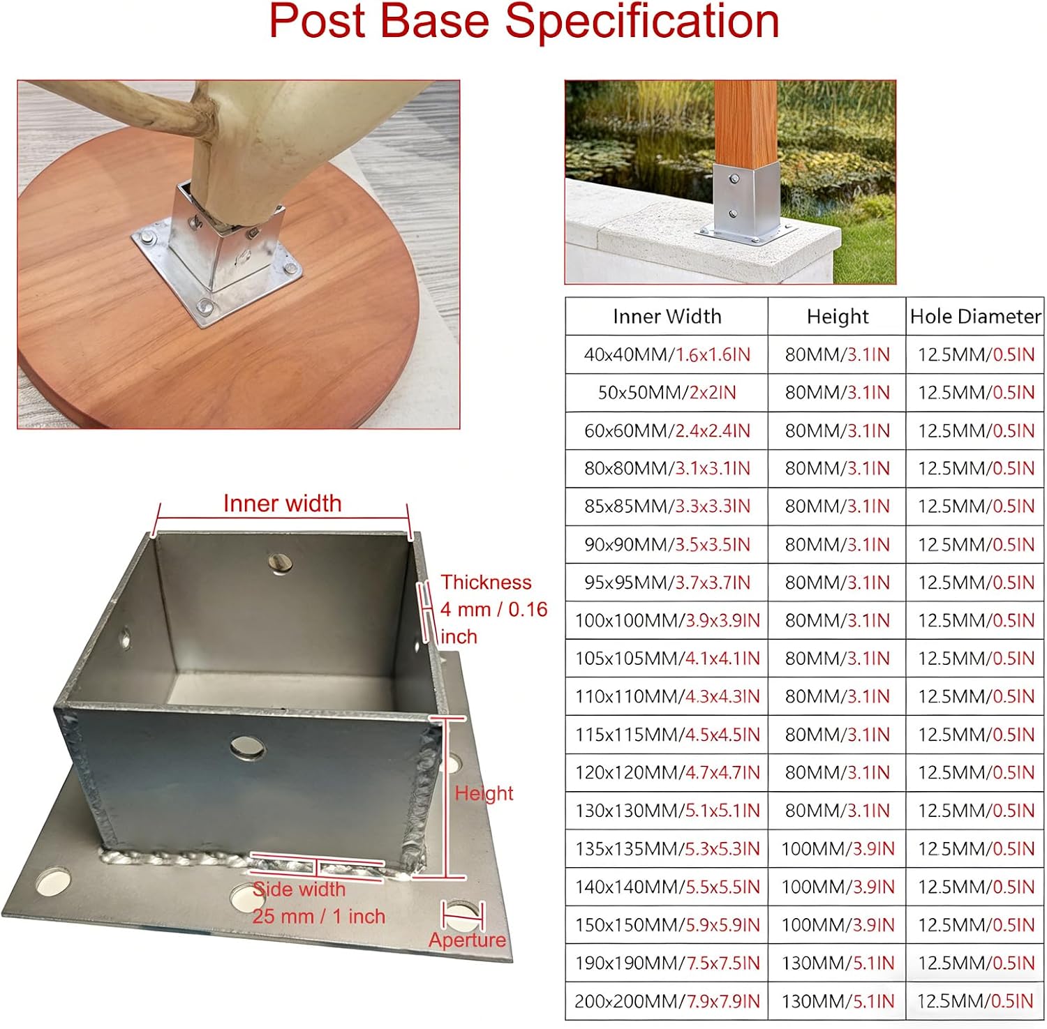 Stainless Steel Post Base, Porch Pole Holder and Fence Gate Support, for Concrete Flooring, Rust-Resistant Mailbox Post Plate(2 Pcs)(2×2In/50×50Mm)