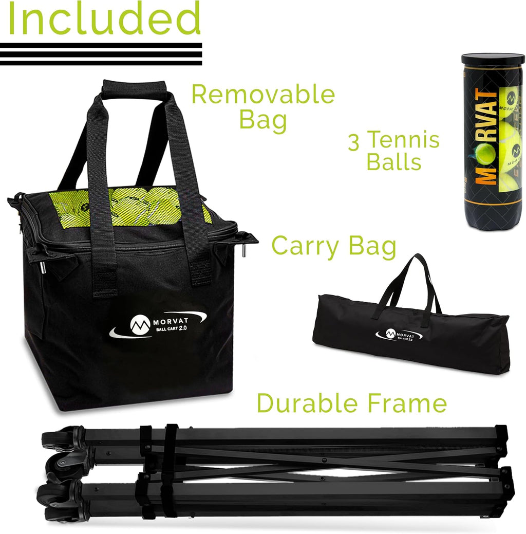 MORVAT Professional Tennis & Pickle Ball Hopper Holds 165 Balls Heavy-Duty Pro Sports Practice Cart, Foldable Portable Compact & Lightweight Zippered Pocket & Racket Holder, Carry Bag + 3 Tennis Balls