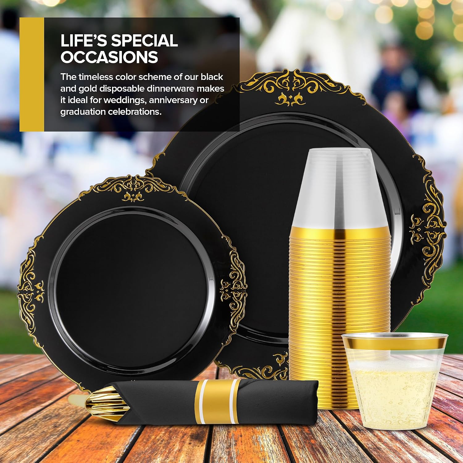Stock Your Home Black and Gold Plates with Pre Rolled Cutlery Napkins and Cups 700 Piece Party Set for 100 Guests Wedding Bridal Shower Graduation