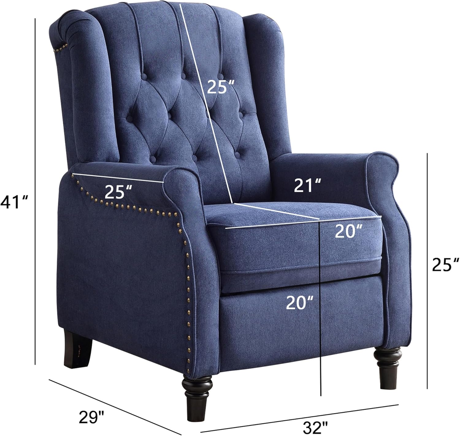 Bonzy Home Wingback Pushback Recliner Chair, High Back Upholstered Armchair with Solid Wood Legs, Rivet Decoration, Blue