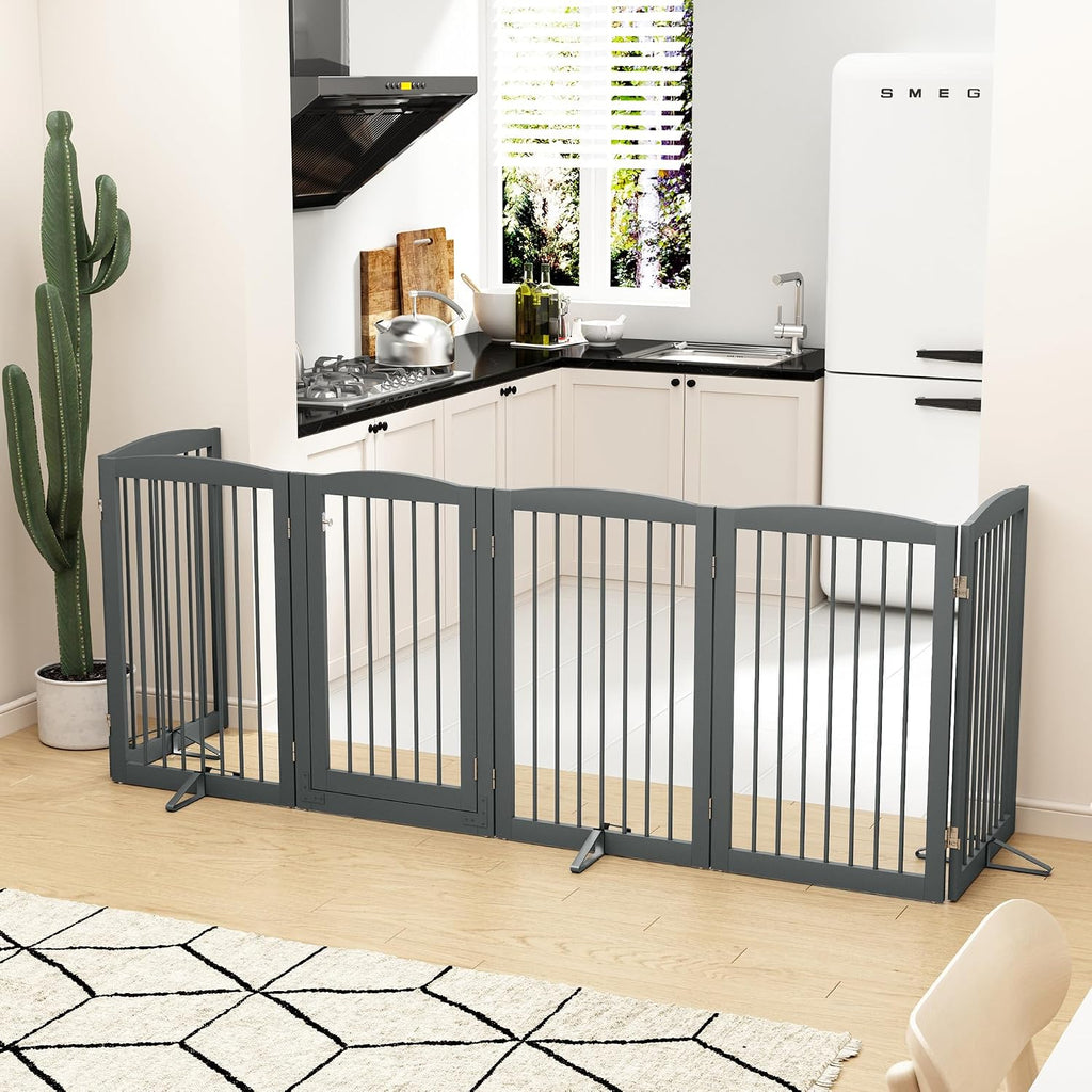 PUPETPO Freestanding Pet Gate with Door, Tall Dog Gate for House, Extra Wide, Pet Puppy Safety Fence, Support Feet Included, 120 Inch Wide, 6 Panels 32' Tall, Gray