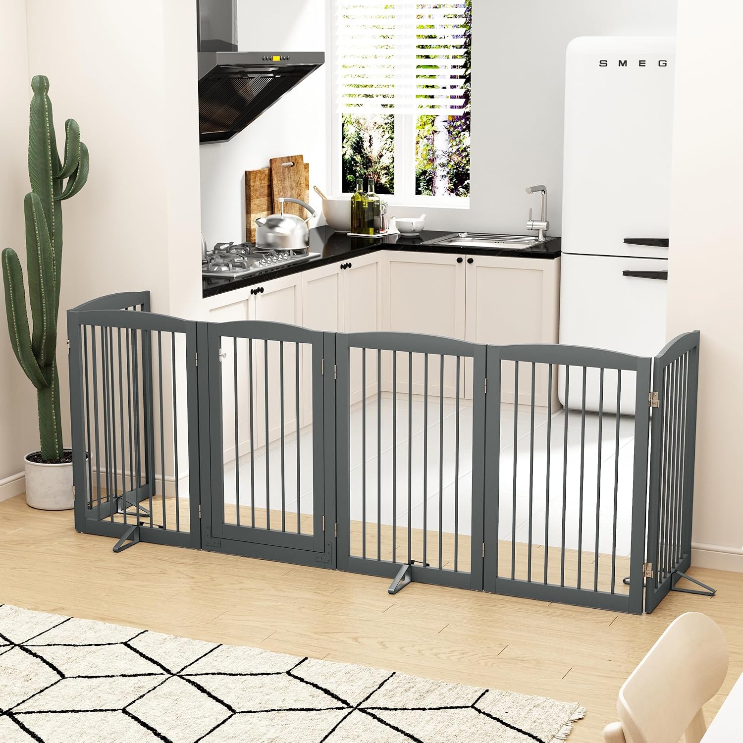 PUPETPO Freestanding Pet Gate with Door, Tall Dog Gate for House, Extra Wide, Pet Puppy Safety Fence, Support Feet Included, 120 Inch Wide, 6 Panels 32' Tall, Gray