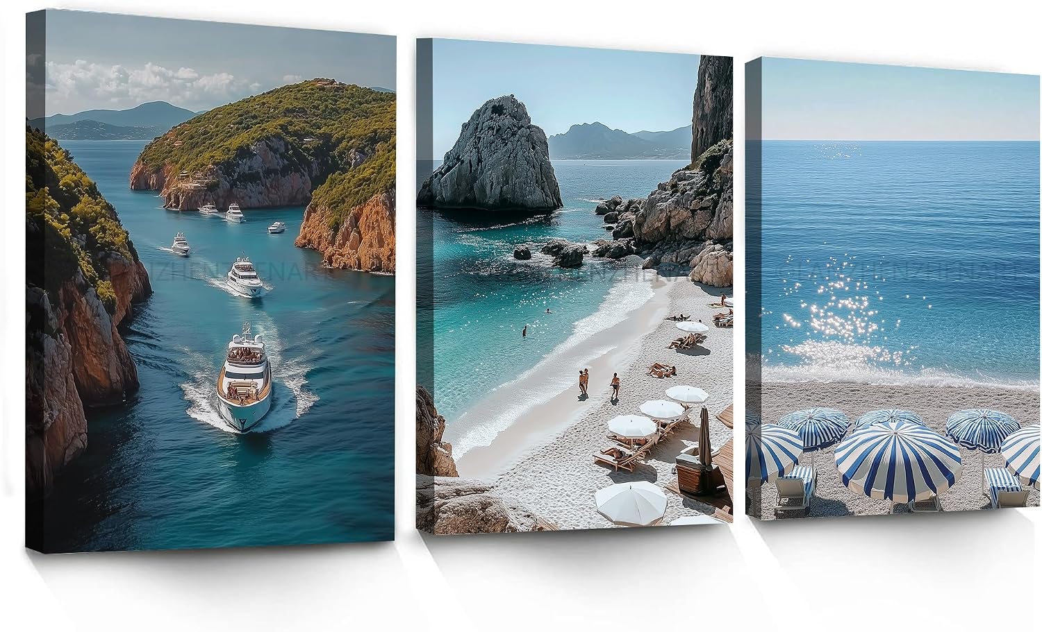 LANZHENZHENART 3Pcs European Coastal Beach Wall Art Greece Travel Picture Canvas Painting Prints For Home Dining Room Living Room Wall Decor Poster Artwork(20' x 30' x 3 Panels Framed)