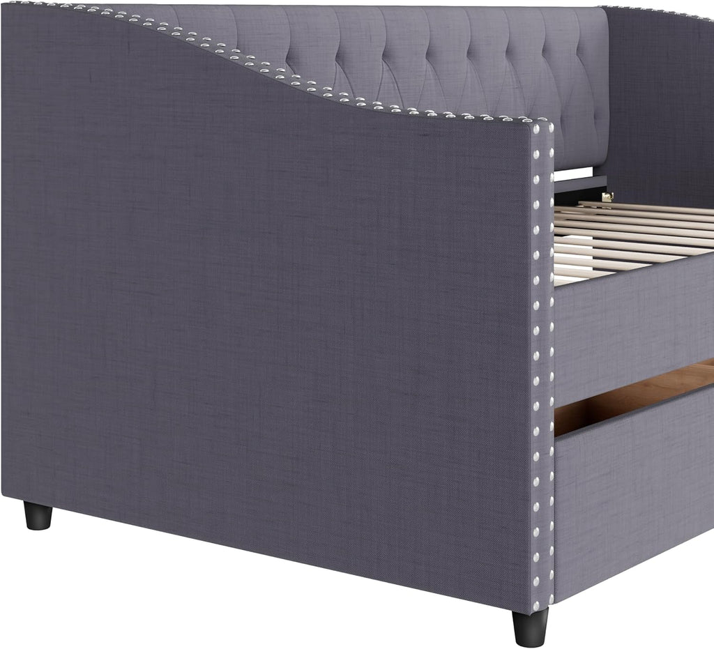 Christopher Knight Home Twin XL Daybed Frame with Two Drawers, Linen Fabric Upholstered Sofa Couch, 85'' Living Room Sleeper Sofa, Cozy Daybed for Bedroom, Diamond-Tufted Design, Rivet Armrests, Gray