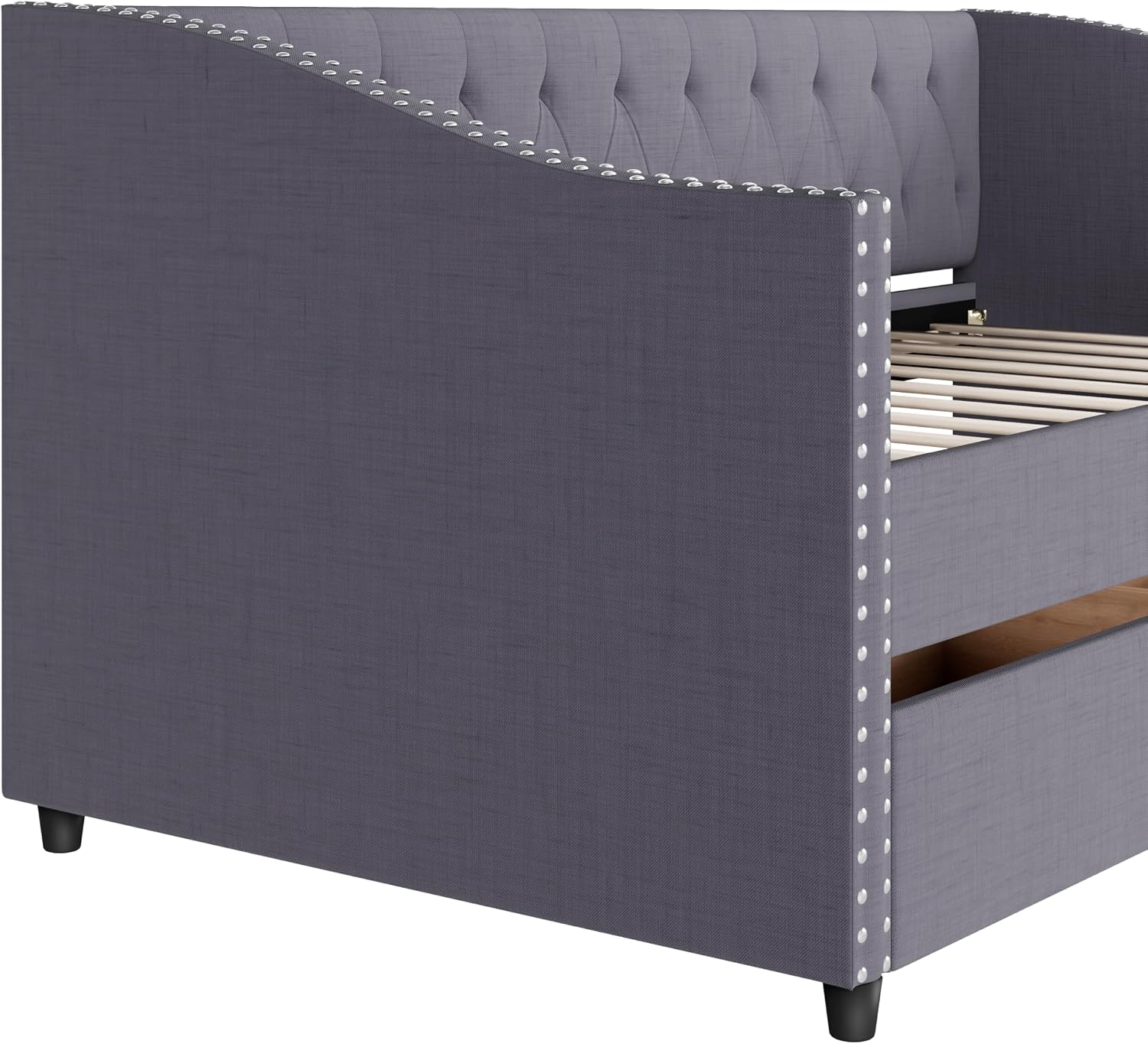 Christopher Knight Home Twin XL Daybed Frame with Two Drawers, Linen Fabric Upholstered Sofa Couch, 85'' Living Room Sleeper Sofa, Cozy Daybed for Bedroom, Diamond-Tufted Design, Rivet Armrests, Gray