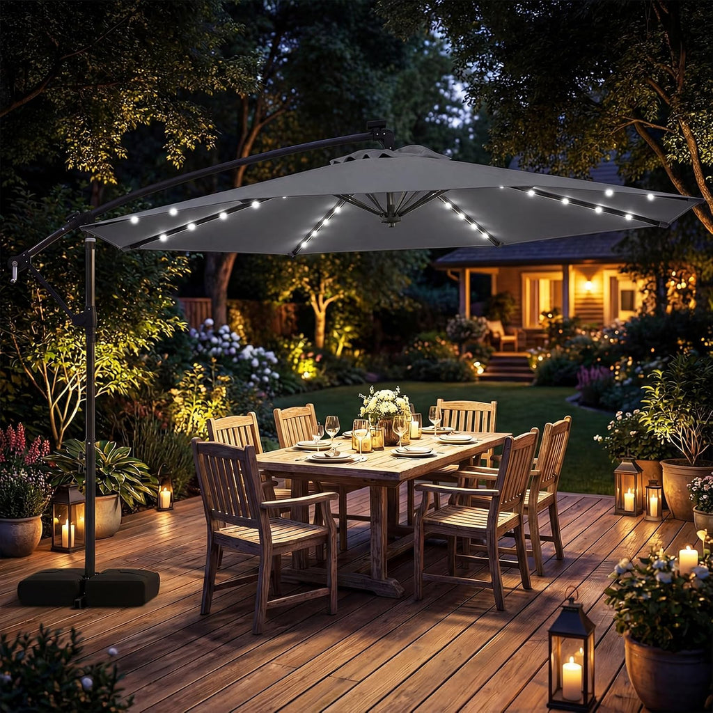 Tangkula 10ft Solar Patio Umbrella with Base Included, Offset Cantilever Outdoor Umbrella with 32 LED Lights, 360 Degree Rotation, Crank Handle for Pool Deck Garden Backyard (Gray)