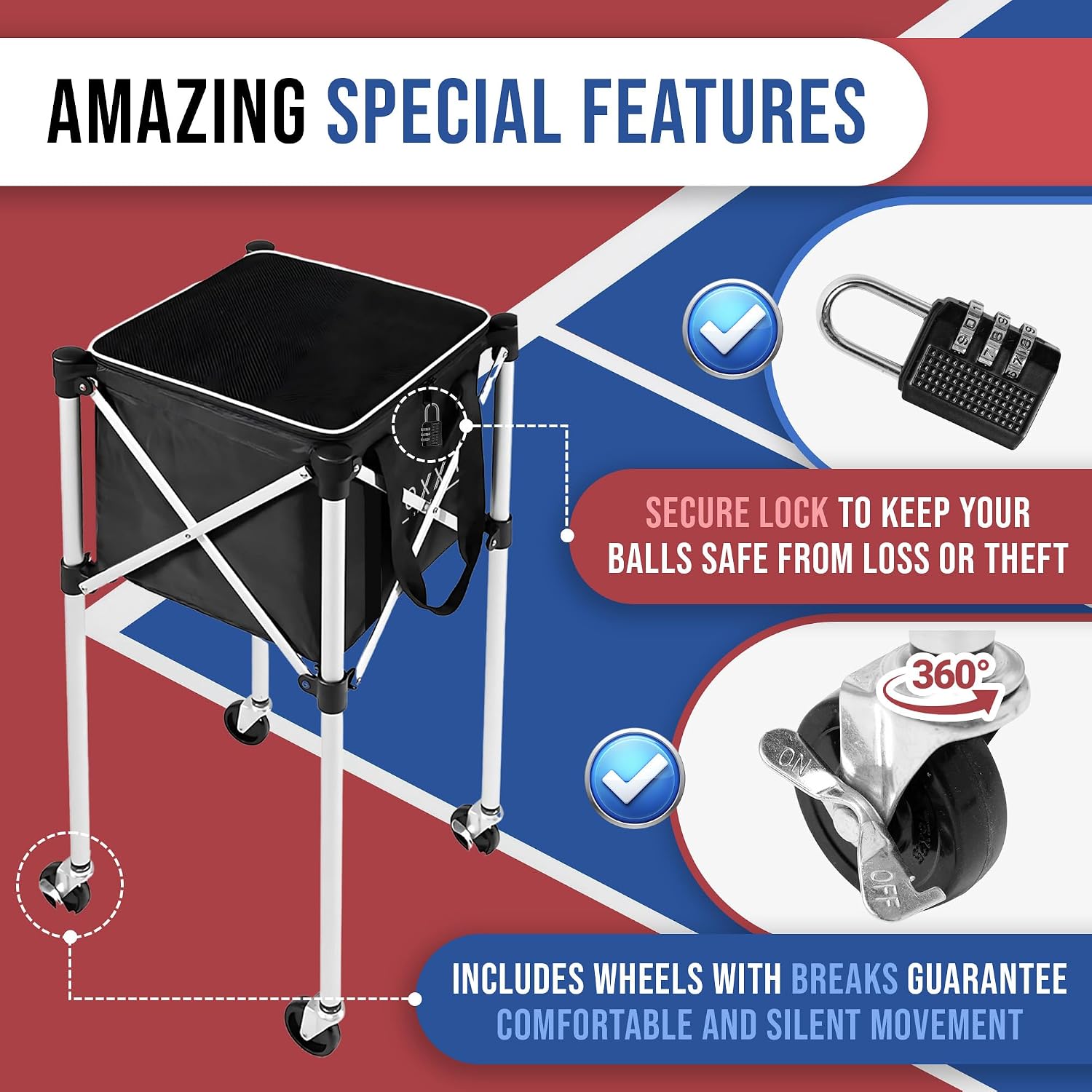 Tennis and Pickleball Ball Hopper with Pickup Tube – Pickleball Tennis Ball Basket with Wheels, 150 Tennis Ball or 120 Pickleball Ball Holder Capacity, Indoor and Outdoor
