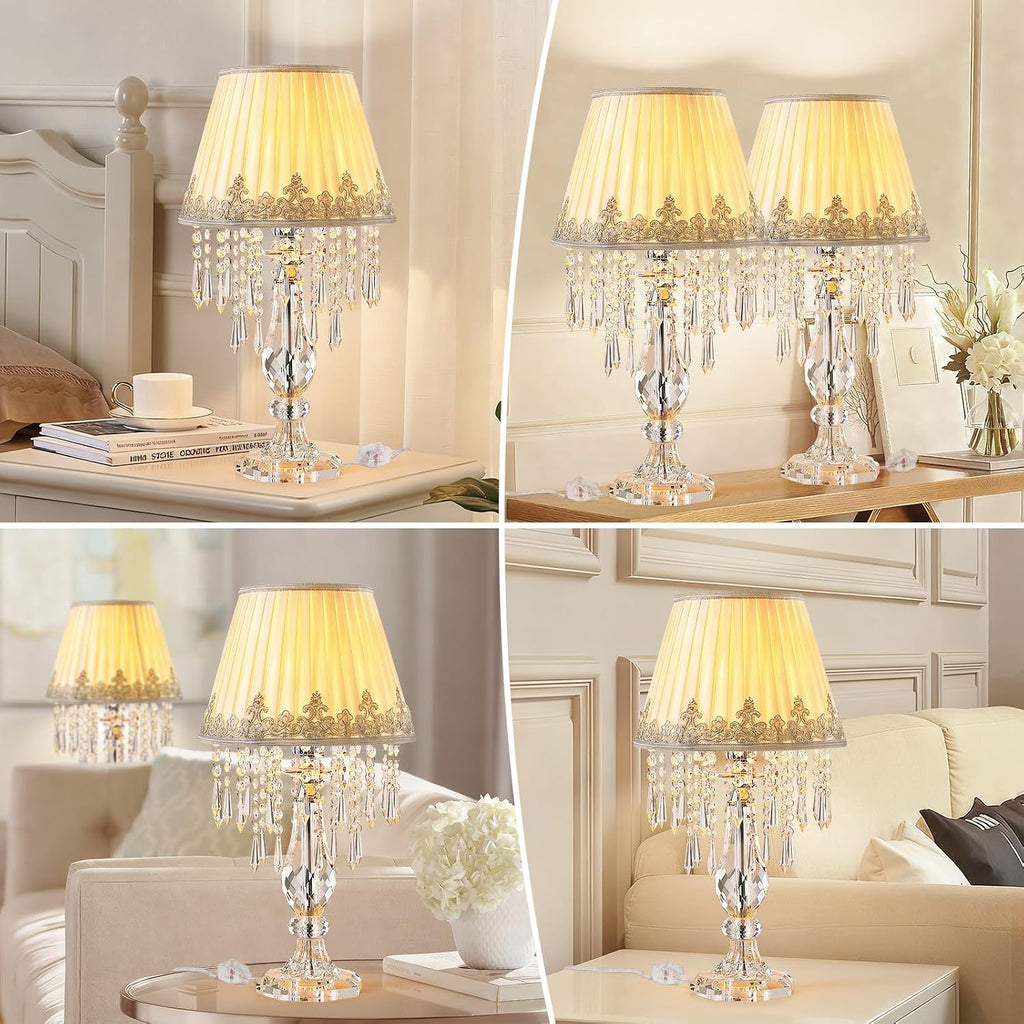 Siljoy Crystal Table Lamp Set of 2, 22.8'' Tall Modern Crystal Bedside Table Lamp, Farmhouse Dimmable Nightstand Lamp with Raindrop K9 Crystals for Living Room Dining Room Bedroom