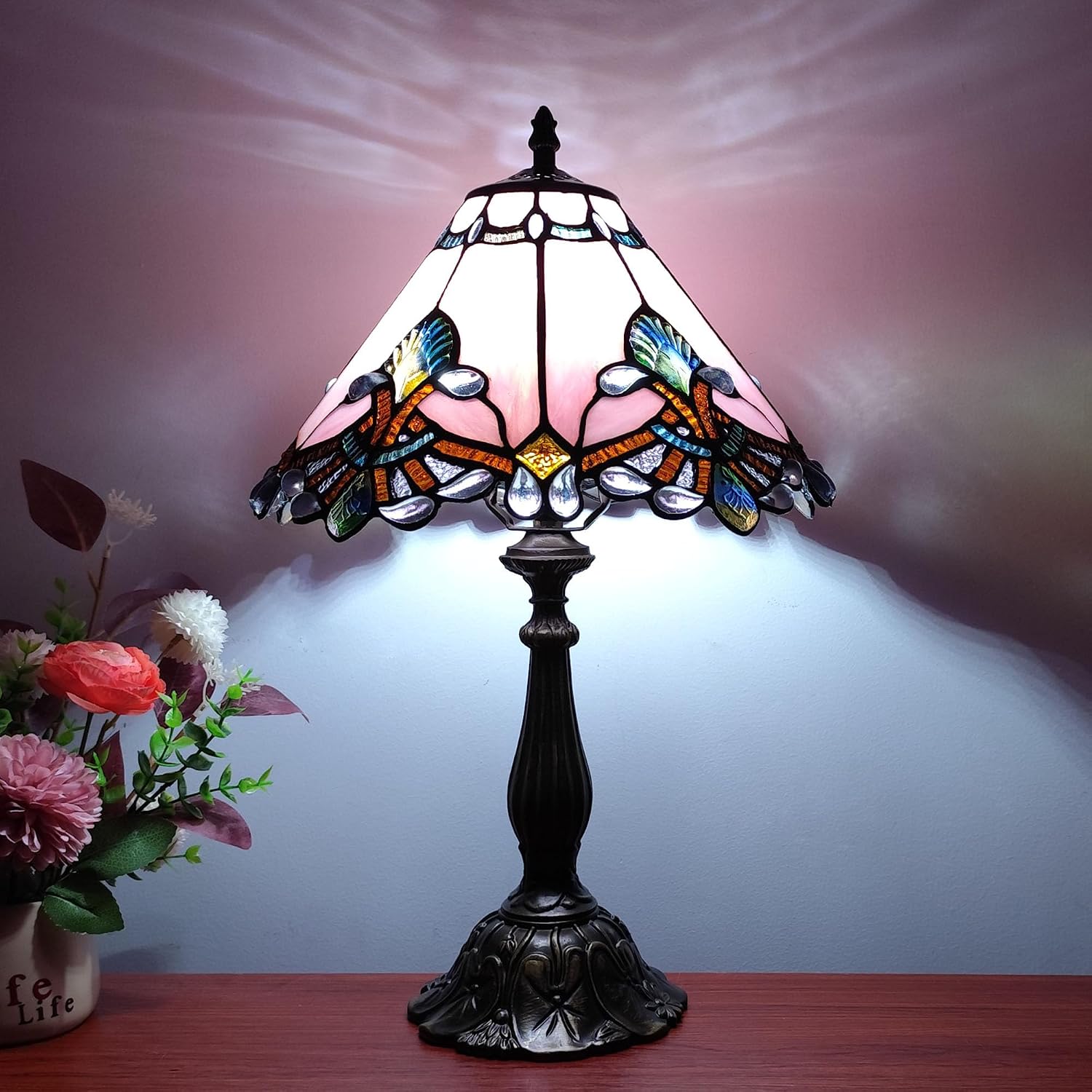Tiffany Lamp Stained Glass Lamp 3 -Way Tiffany Style Antique Lamp Vintage Pink Baroque Style Bedside Table Light for Home Office (Included 3 Colors LED Bulb)