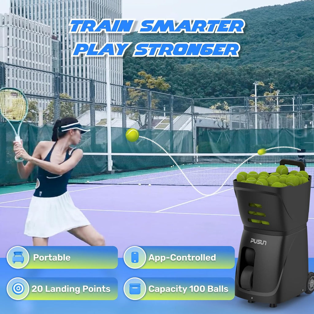 PUSUN｜PT-Smart Tennis Ball Machine: App Control with 12 Built-in Training Modes,6-Level Spin,28-Pt,75 MPH,32.6 lbs,100+ Ball,5H Battery, Portable, for Tennis/Padel,Training, Practice,Beginners to Pros