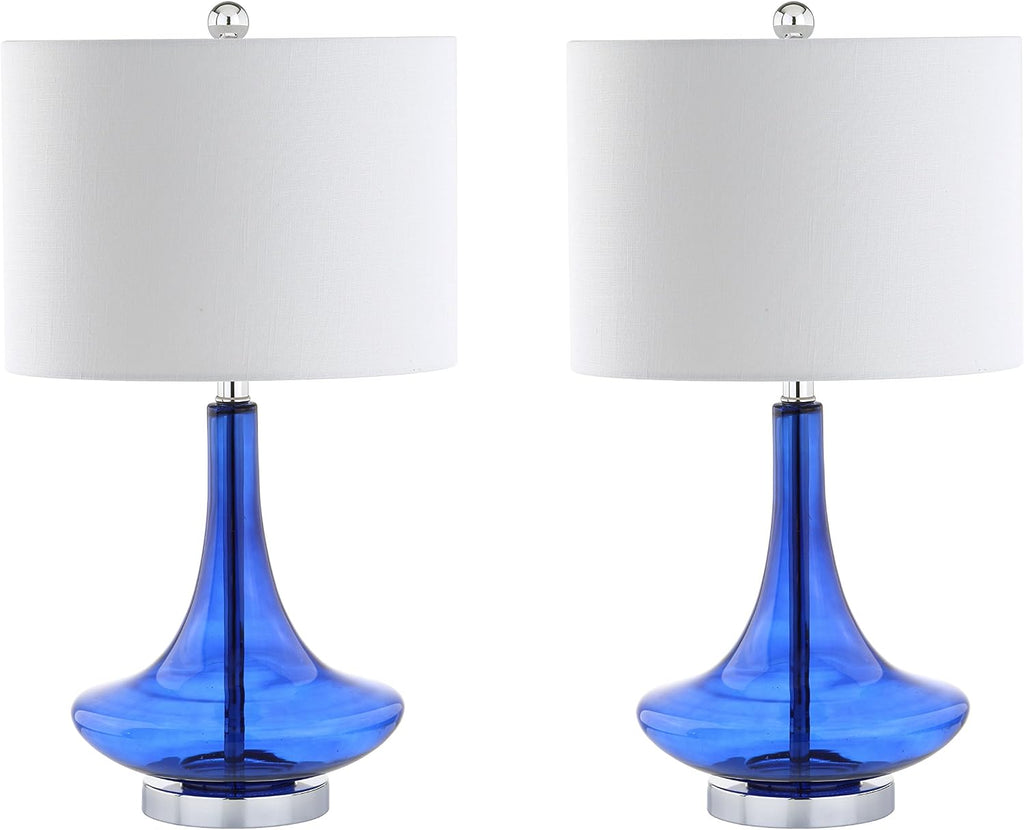 JONATHAN Y 25.5' Cobalt/Chrome Glass Teardrop Table Lamp Set of 2 for Bedroom, Modern Bedside Lamps for Living Room, White Linen Drum Shade, LED Bulbs Included (JYL1081D-SET2)