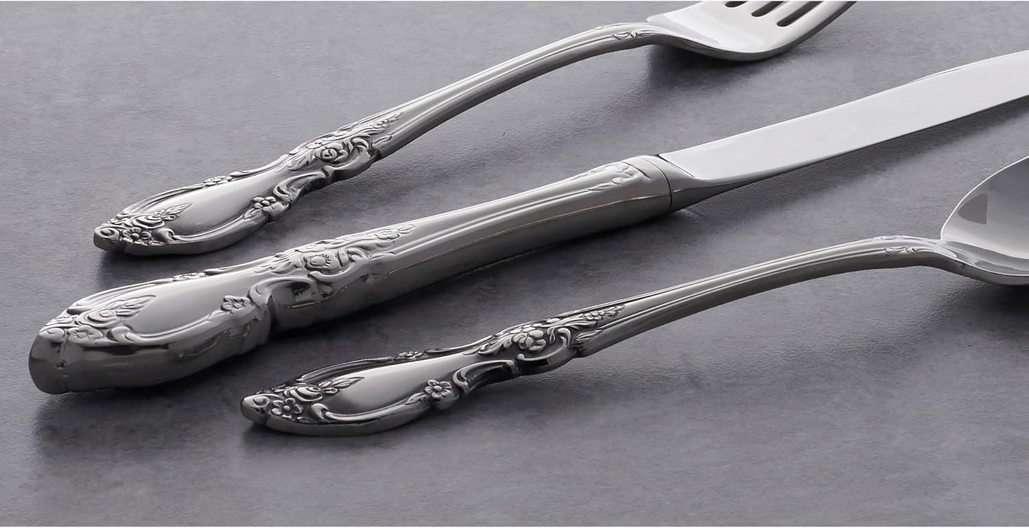 Oneida Silverware Set For 8 with Serving Utensils, Louisiana 45-Piece Fine Flatware Set, Service For 8, 18/8 Stainless Steel, Mirror, Knives Spoons Forks Serving Spoons,Dishwasher Safe(Silver 45 Piece