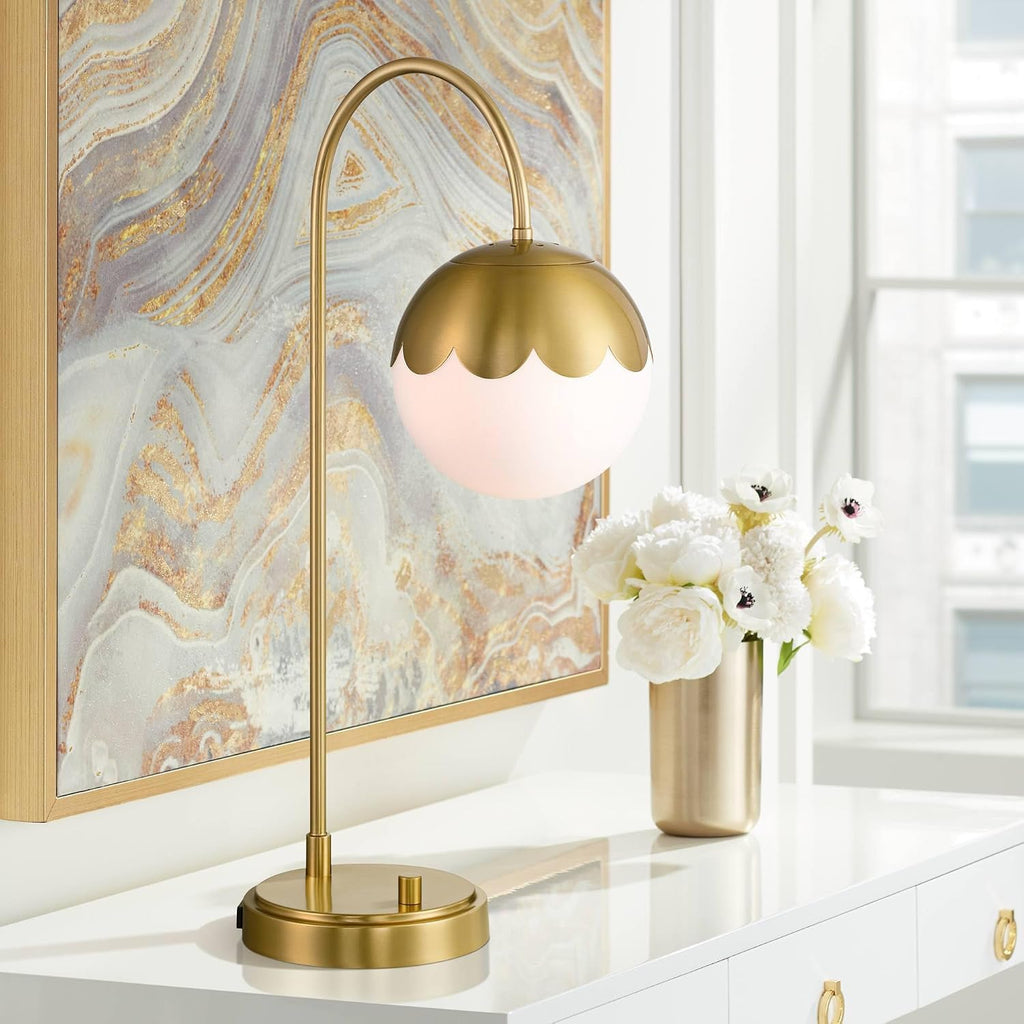 360 Lighting Kelowna 25' High Modern Desk Lamp with USB Charging Ports A+C and AC Power Outlet Gold Antique Brass Finish Metal White Globe Shade Home Office Living Room Bedroom