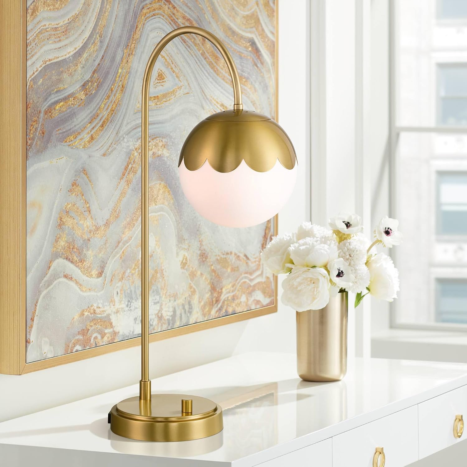 360 Lighting Kelowna 25' High Modern Desk Lamp with USB Charging Ports A+C and AC Power Outlet Gold Antique Brass Finish Metal White Globe Shade Home Office Living Room Bedroom