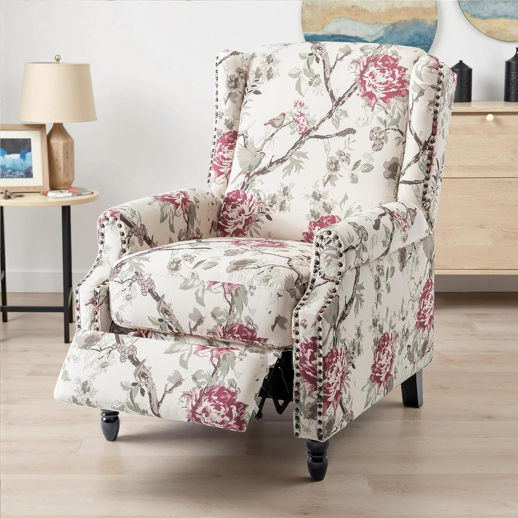 Pushback Floral Recliner Chair, Fabric Upholstered Armchair Push Back Accent Chair for Living Room, Rivet Trim Club Chair Home Theater Single Sofa Reading Seat - Beige Floral