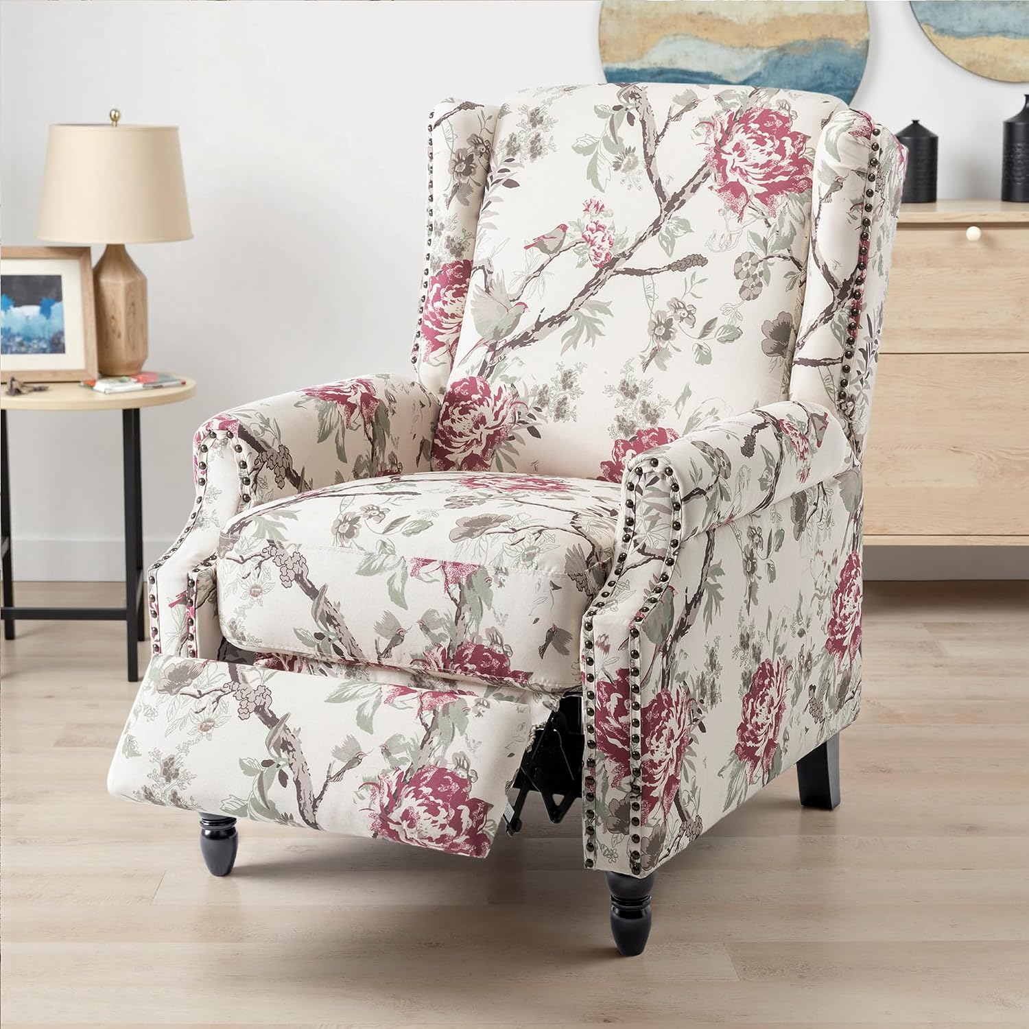 Pushback Floral Recliner Chair, Fabric Upholstered Armchair Push Back Accent Chair for Living Room, Rivet Trim Club Chair Home Theater Single Sofa Reading Seat - Beige Floral