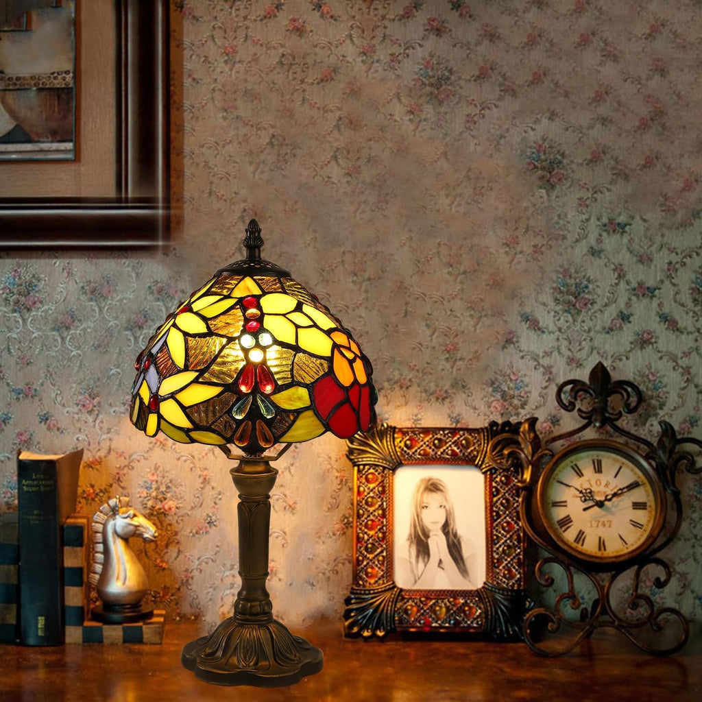 Tiffany Small Table Lamp for Bedroom Set of 2,Bedside Nightstand Lamp Rose Flower Grape Stained Glass Table Lamps for Living Room,3 Color Temperature Home Office Desk Lamp+LED Bulb