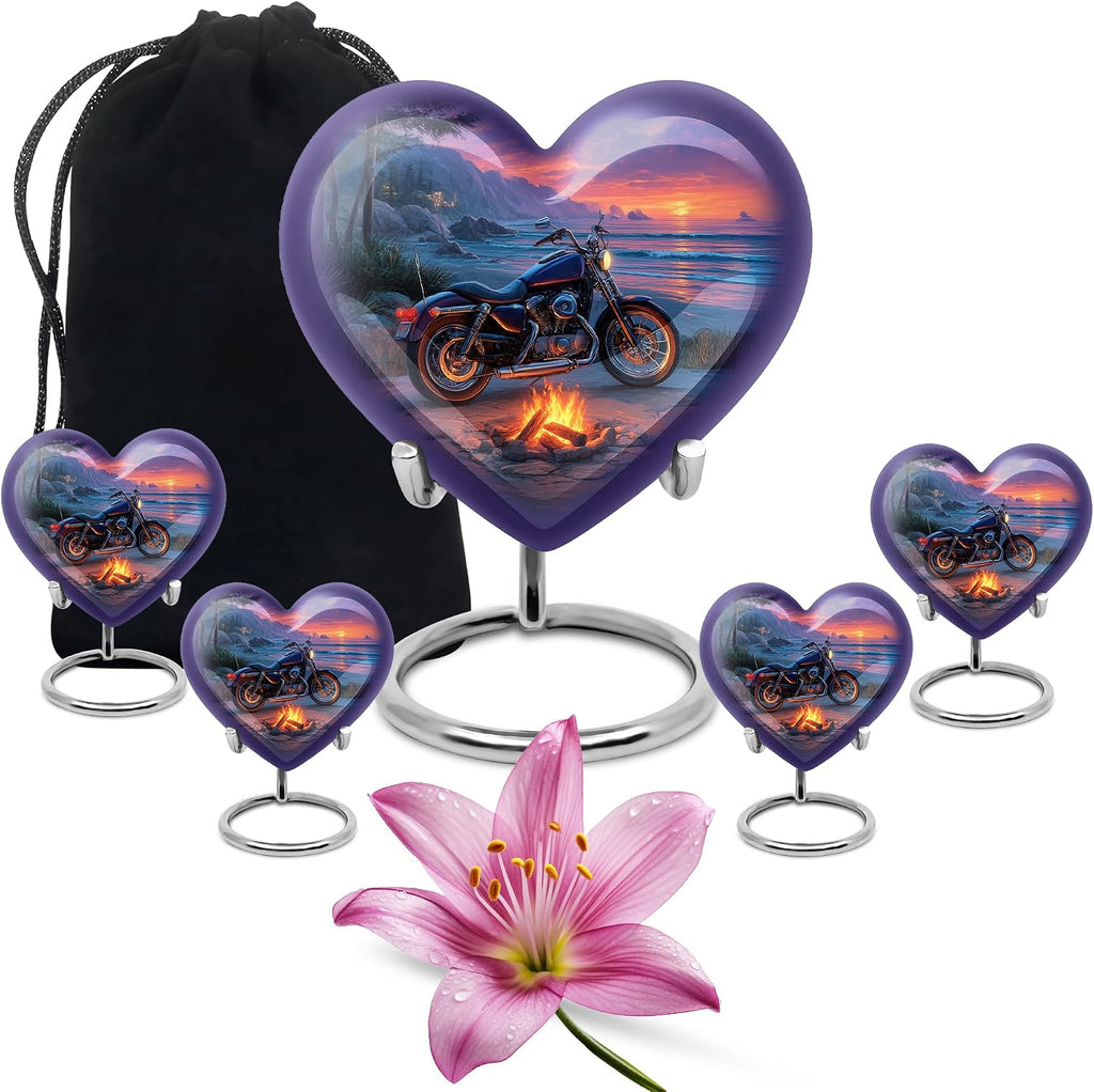 Motorcycle Urn for Ashes Adult Male - Purple Small Urns for Human Ashes Keepsake- Funeral & Burial Urn for Female & Male - Memorial Gift for Grandfather - Combo 10 Inch & 3 Inch, Pack of 5