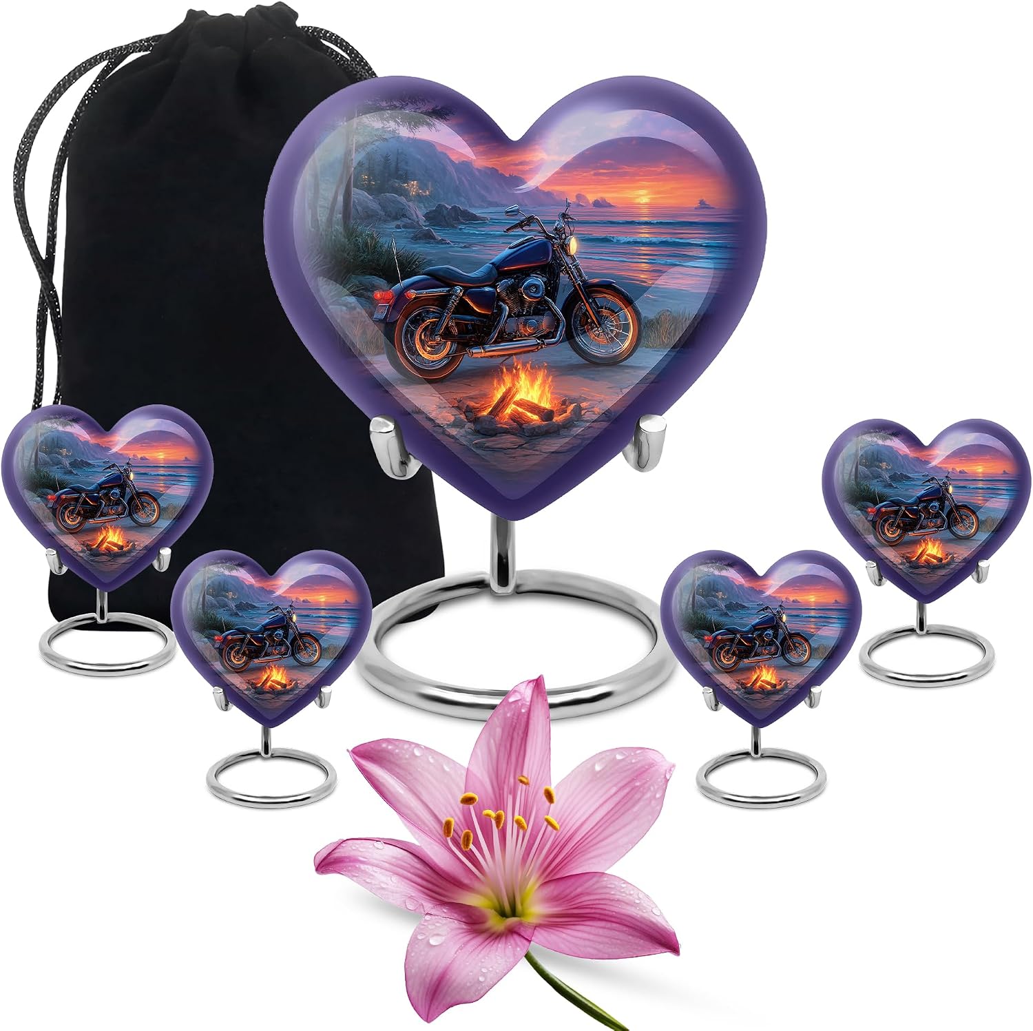 Motorcycle Urn for Ashes Adult Male - Purple Small Urns for Human Ashes Keepsake- Funeral & Burial Urn for Female & Male - Memorial Gift for Grandfather - Combo 10 Inch & 3 Inch, Pack of 5