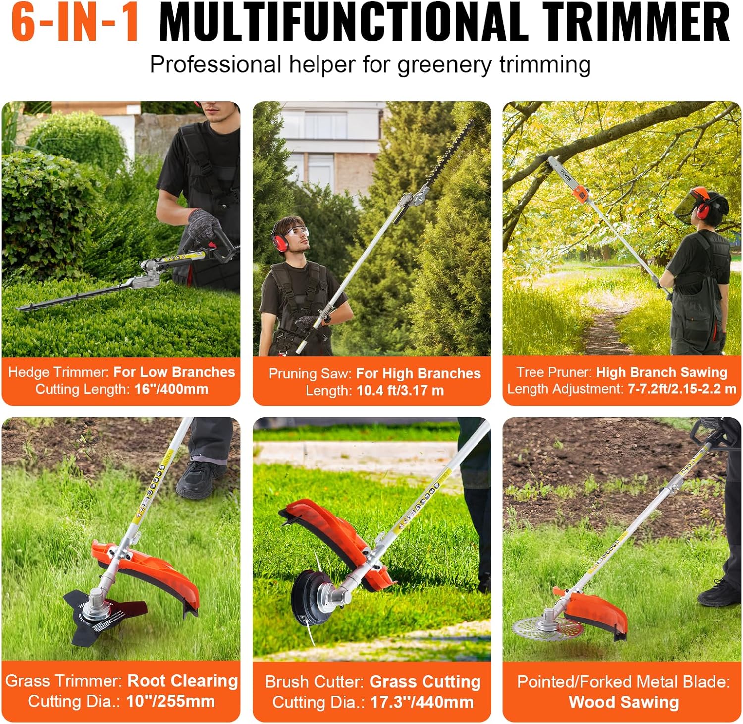 VEVOR 33CC 5-in-1 Multi-Functional Trimming Tools, Gas Hedge Trimmer, Weed Eater, String Trimmer, Brush Cutter, Edger, Pole Saw Chainsaw Pruner with Extension Pole