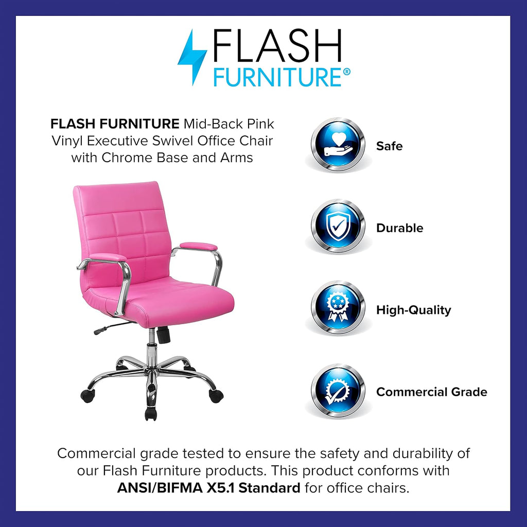 Flash Furniture Vivian Mid-Back Pink Vinyl Executive Swivel Office Chair with Chrome Base and Arms