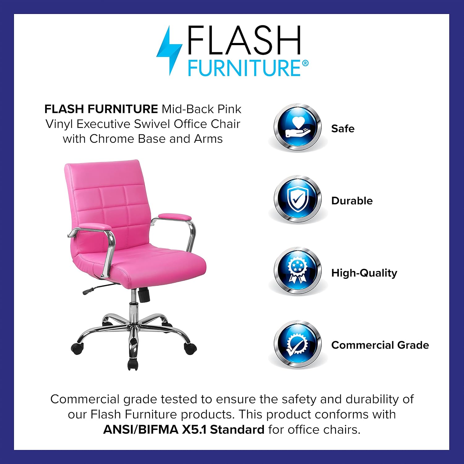 Flash Furniture Vivian Mid-Back Pink Vinyl Executive Swivel Office Chair with Chrome Base and Arms