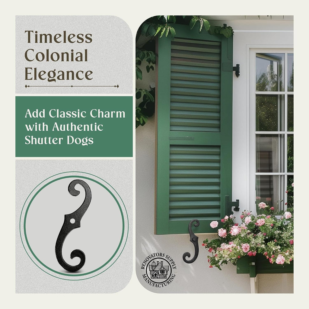 Renovators Supply Decorative S Style Shutter Dogs - Rust Resistant Powder Coated External Shutter Tieback Hardware with Mounting Screws - 6.5 Inches, Cast Aluminum (Pack of 50 Pairs)