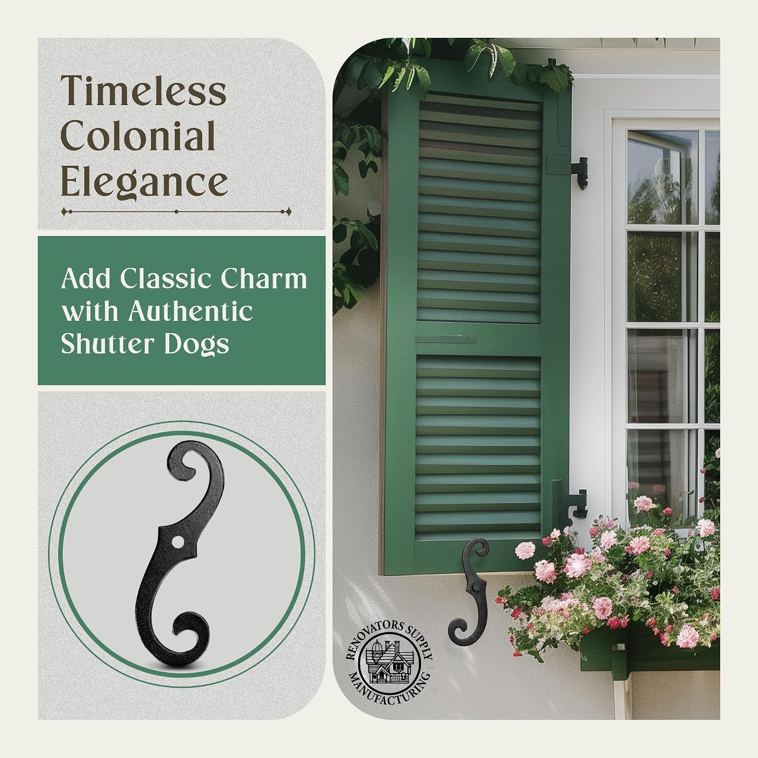 Renovators Supply Decorative S Style Shutter Dogs - Rust Resistant Powder Coated External Shutter Tieback Hardware with Mounting Screws - 6.5 Inches, Cast Aluminum (Pack of 50 Pairs)
