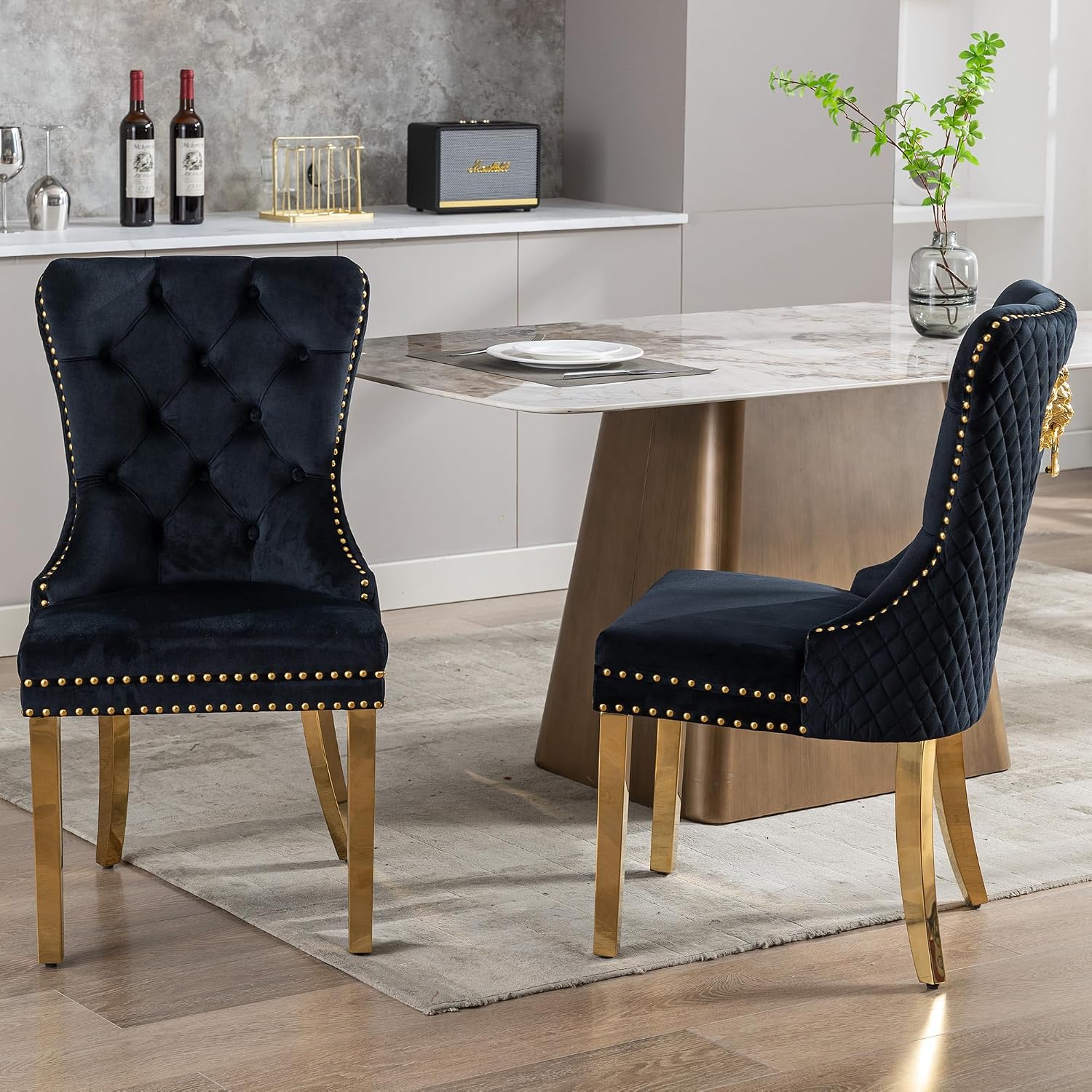 Velvet Dining Chairs Set of 2, Upholstered Dining Room Chairs, Mid-Century Modern Chairs with Diamond Lattice Tufted Back, Lion Pull Ring Rivet Trim, Golden Metal Legs for Kitchen, Black