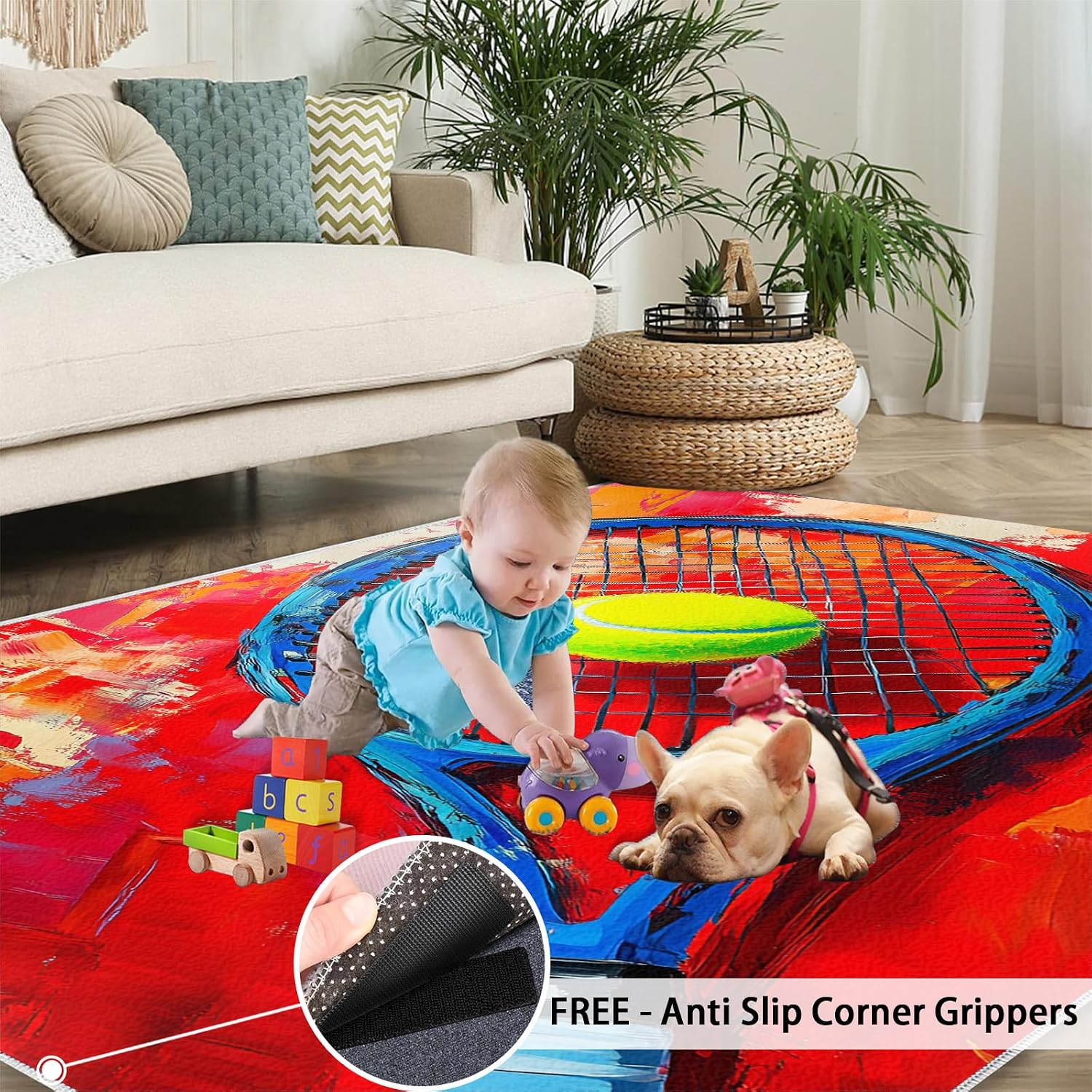 5x7 Tennis Racket Rugs for Bedroom - Sports Equipment Print Rug, Pop Art Rug Non Slip Soft Rugs for Living Room Hardwood Floors Teen Room