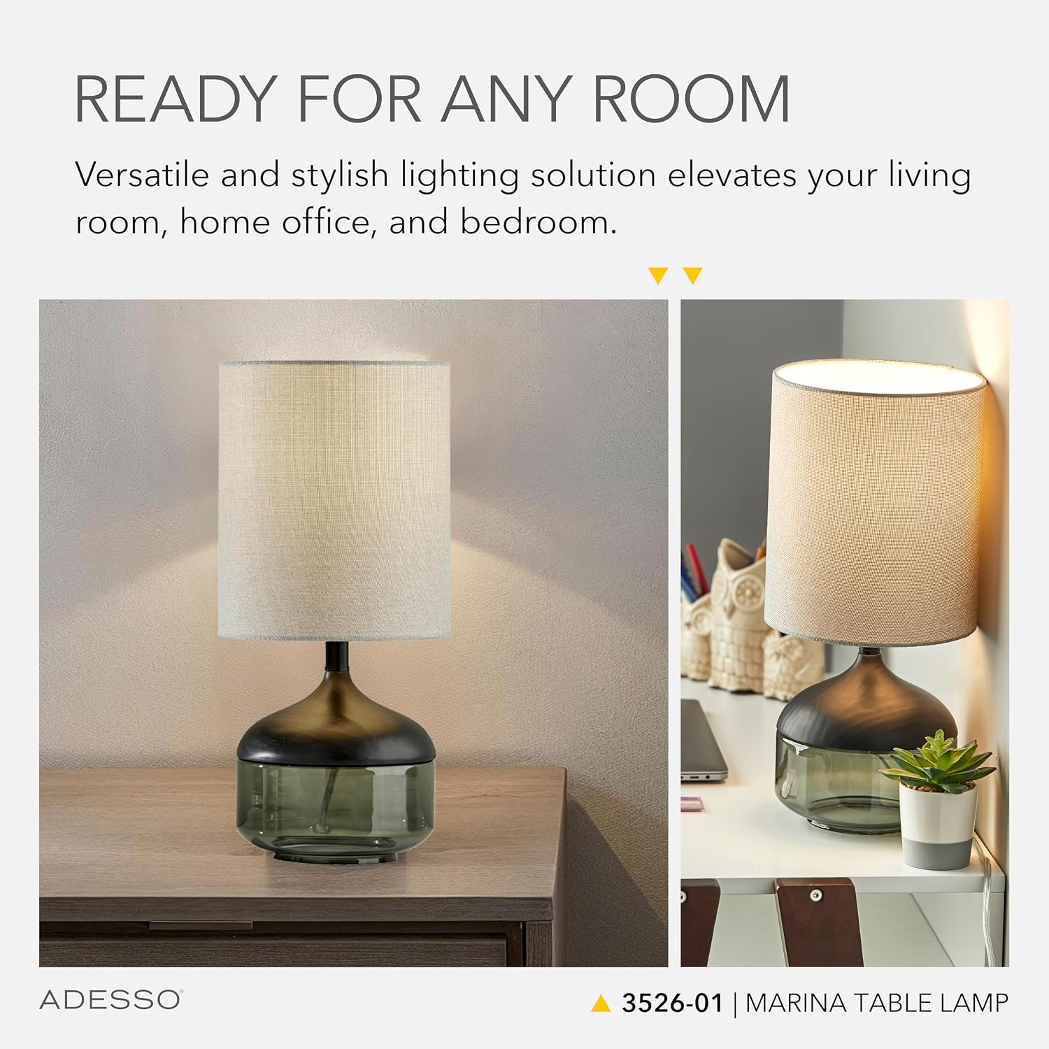 Adesso Table Lamp with Smoked Glass, Black Wood Base and Grey Fabric Lampshade – Bedside Table, Home Office Lighting or Living Room Decor, 16.25' x 7.5'