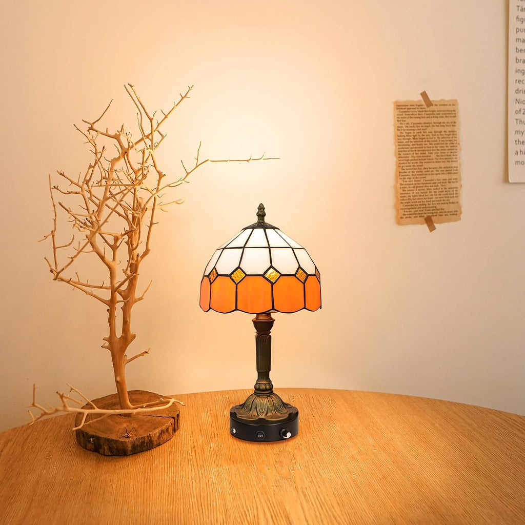Kiven Cordless Table Lamp, Dimmable Bedside Lamps for Nightstand with Orange Glass Lampshade, Tiffany-Style Rechargeable Desk Lamp for Reading Home Decor Bedside,1-Light