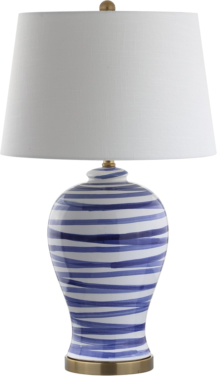JONATHAN Y 29' Blue/White Ceramic Table Lamp for Living Room Bedroom Office, Modern Coastal Bedside Lamp with White Linen Shade, Traditional Nightstand Lamp, LED Bulb JYL3016A