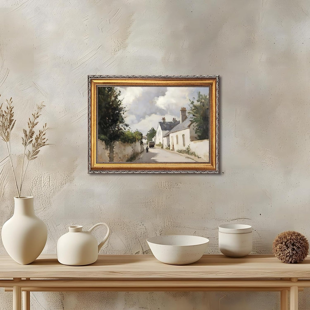 Large Framed Vintage Irish Cottage Street Oil Painting Poster Retro European Village Landscape Canvas Wall Art Sunlit Countryside Path Artwork Prints for Rusitc Farmhouse Home Decor 24x36inch